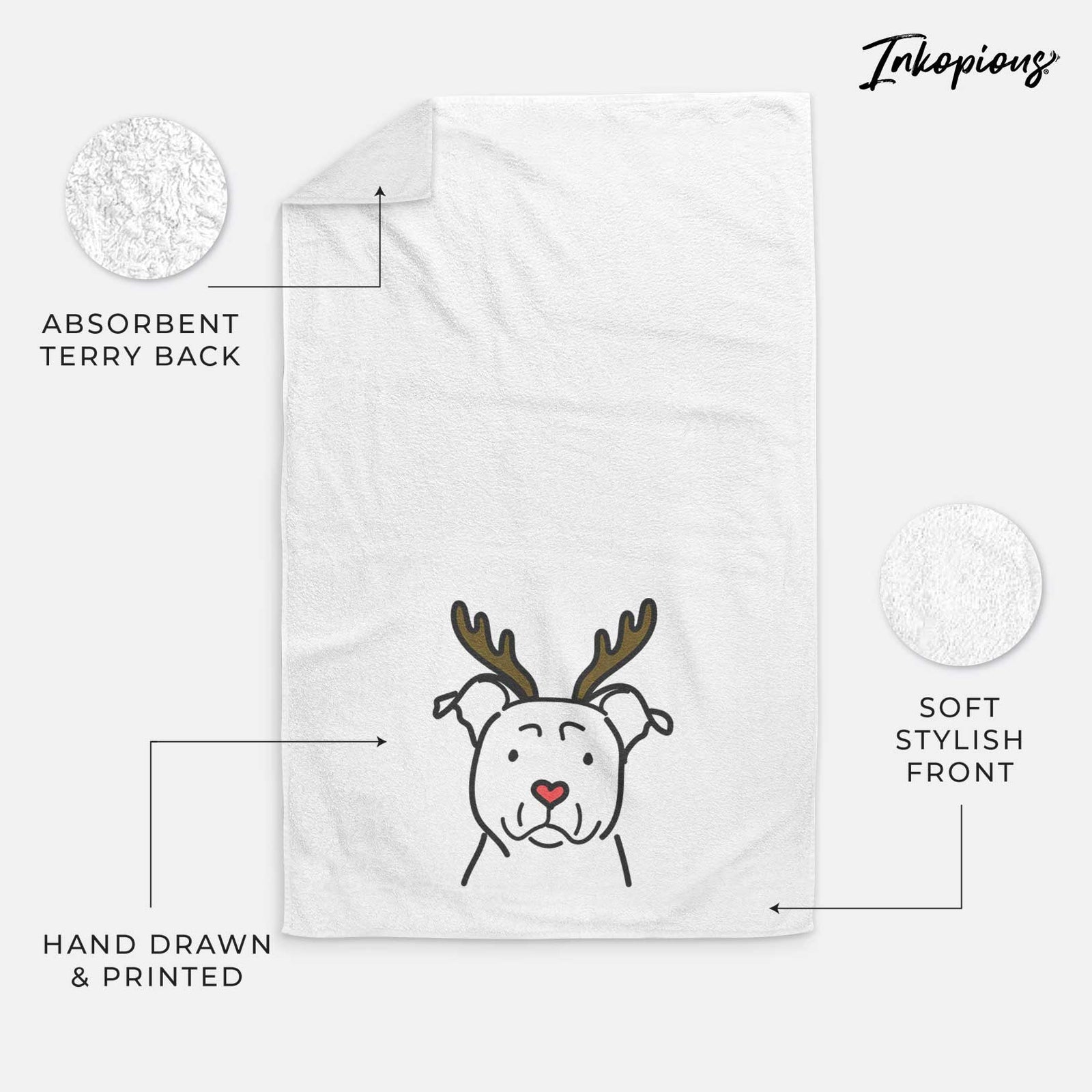 Minimalist line drawing of an American Staffordshire Terrier with reindeer antlers and a red nose on a decorative hand towel