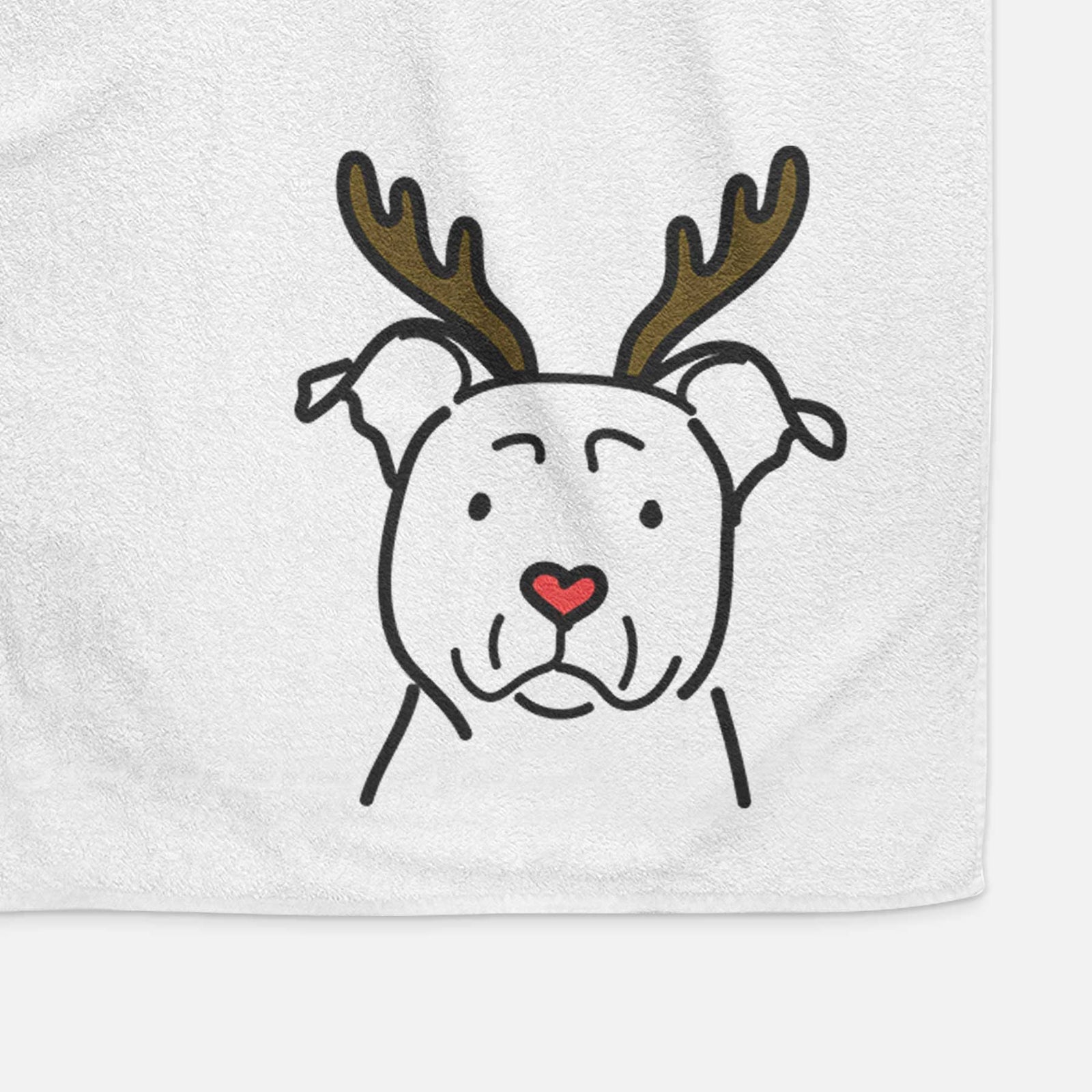Minimalist line drawing of an American Staffordshire Terrier with reindeer antlers and a red nose on a decorative hand towel