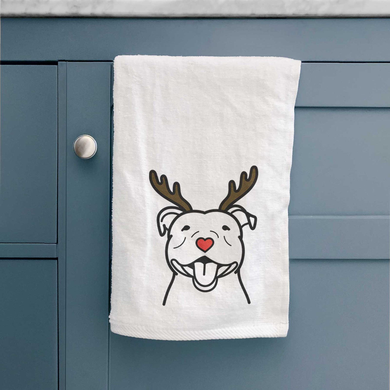 Minimalist line drawing of a Happy American Staffordshire Terrier with reindeer antlers and a red nose on a decorative hand towel
