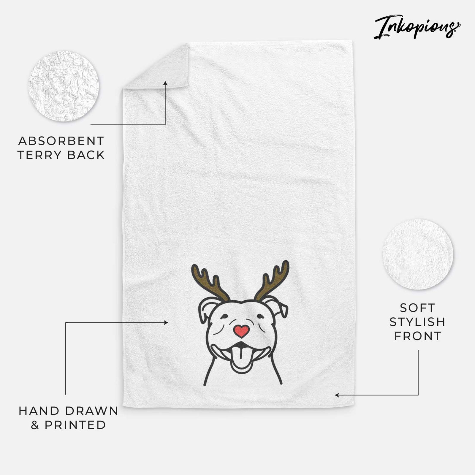 Minimalist line drawing of a Happy American Staffordshire Terrier with reindeer antlers and a red nose on a decorative hand towel