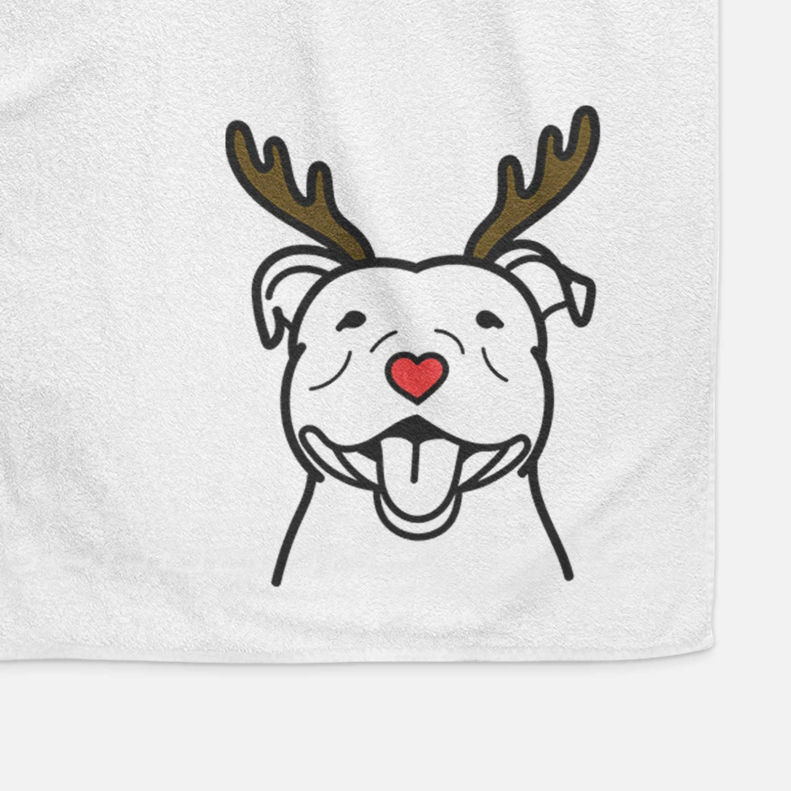 Minimalist line drawing of a Happy American Staffordshire Terrier with reindeer antlers and a red nose on a decorative hand towel