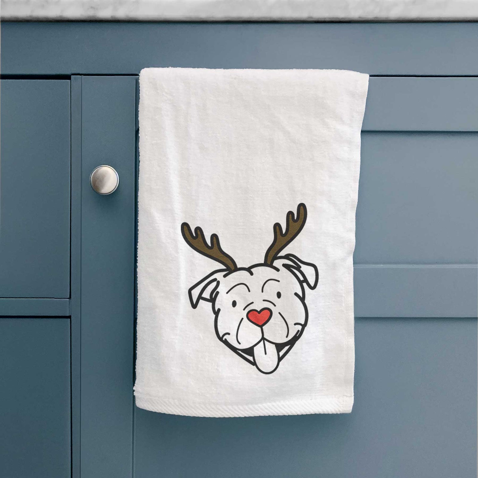 Minimalist line drawing of an American Bulldog with reindeer antlers and a red nose on a decorative hand towel