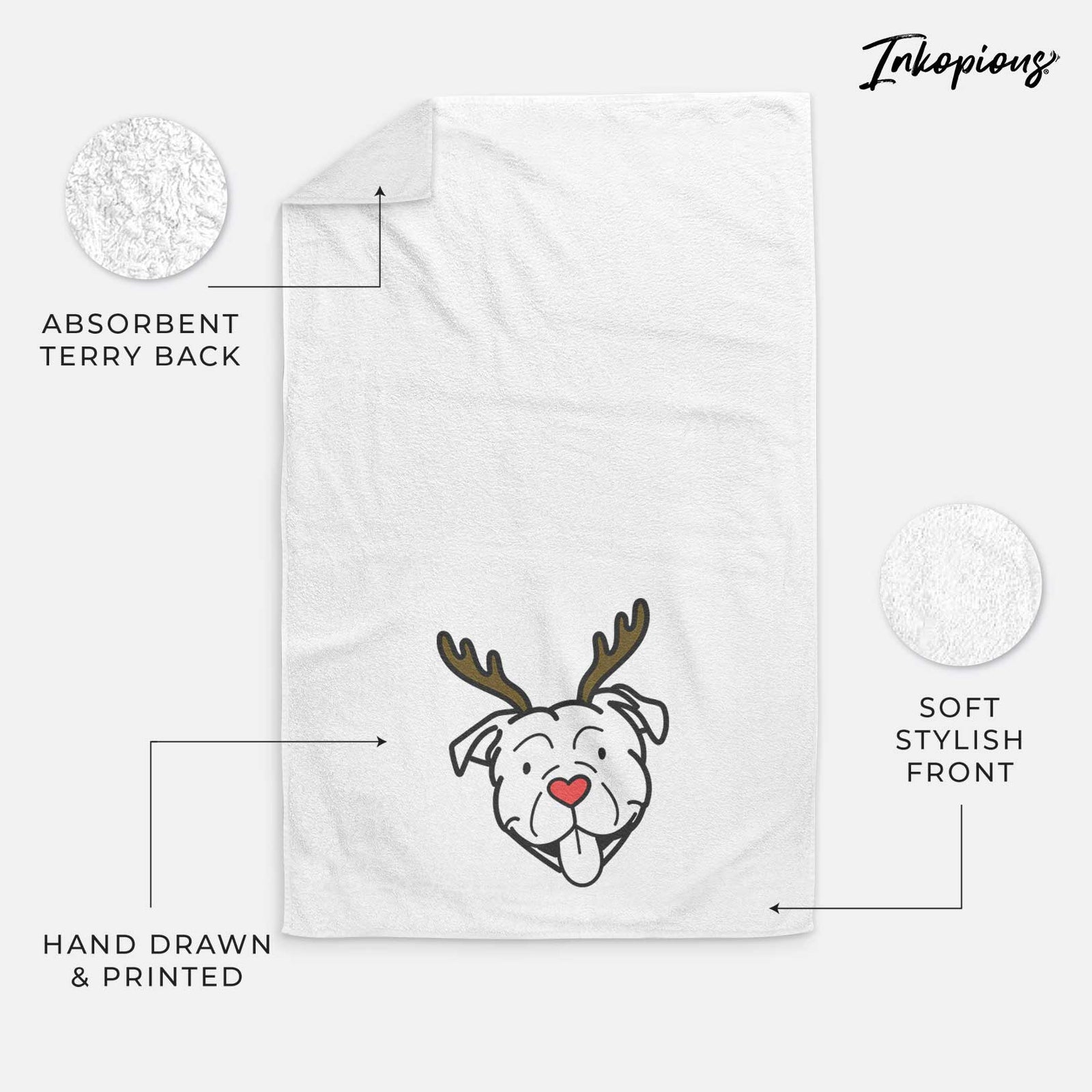 Minimalist line drawing of an American Bulldog with reindeer antlers and a red nose on a decorative hand towel