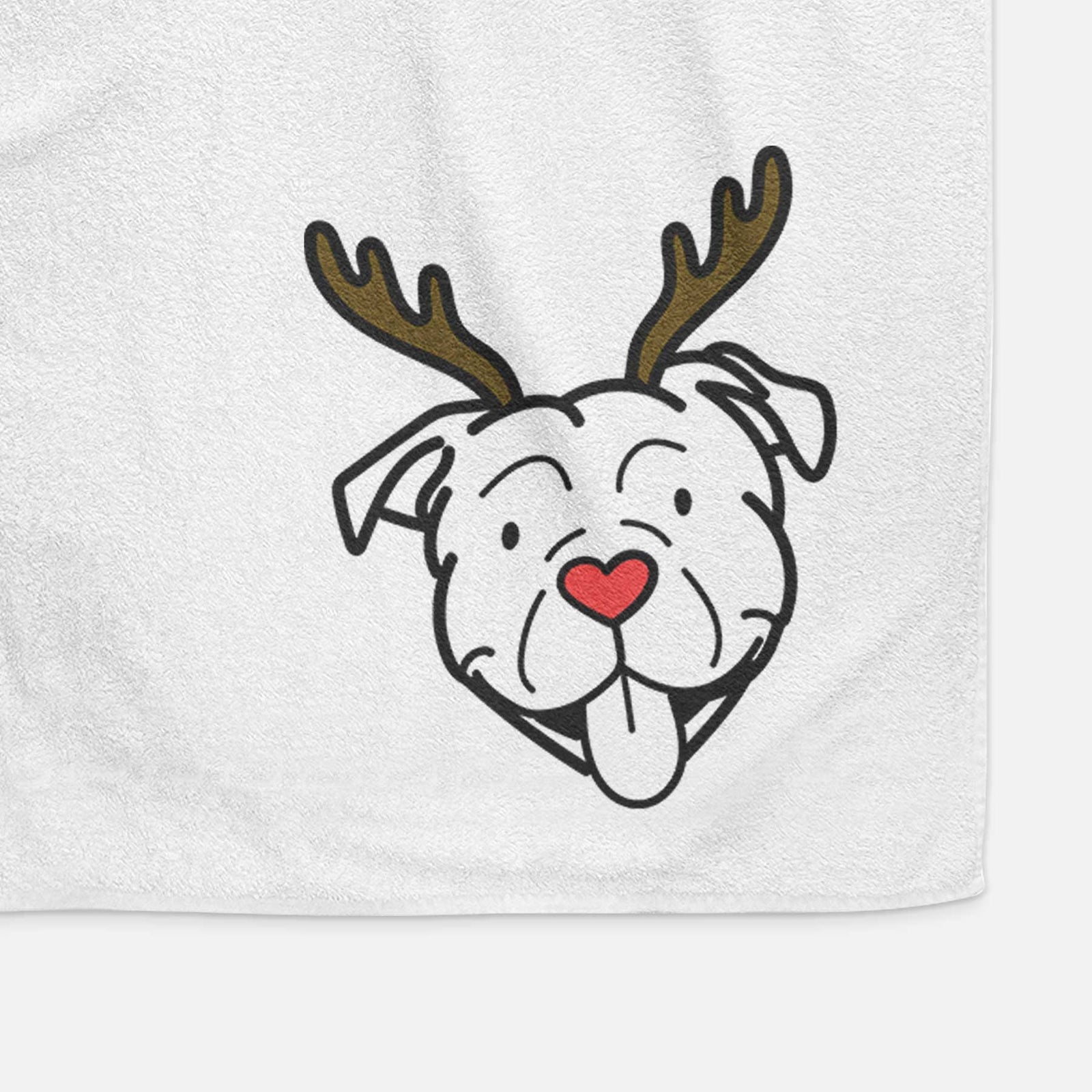 Minimalist line drawing of an American Bulldog with reindeer antlers and a red nose on a decorative hand towel