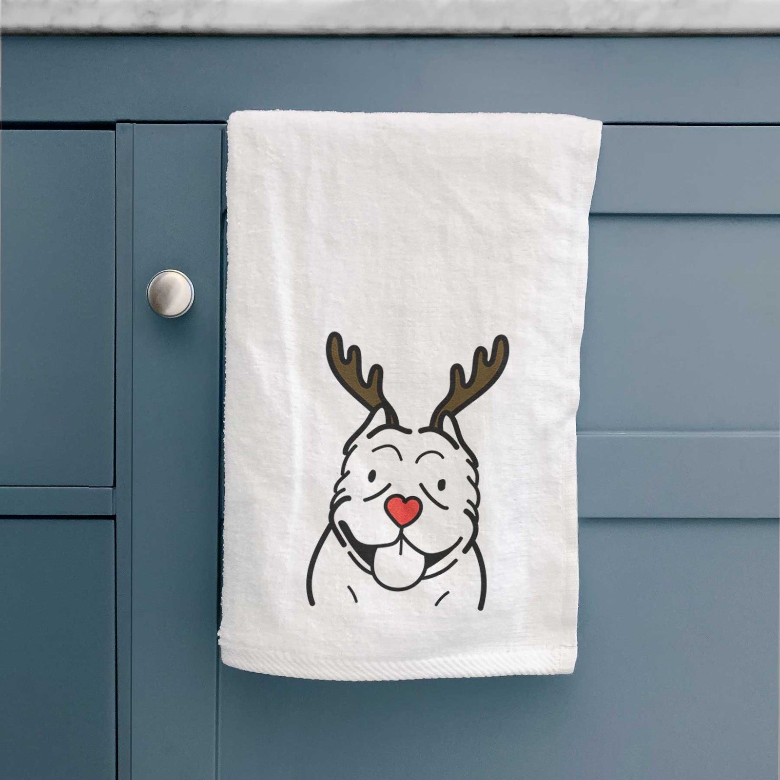 Minimalist line drawing of an American Bully with reindeer antlers and a red nose on a decorative hand towel