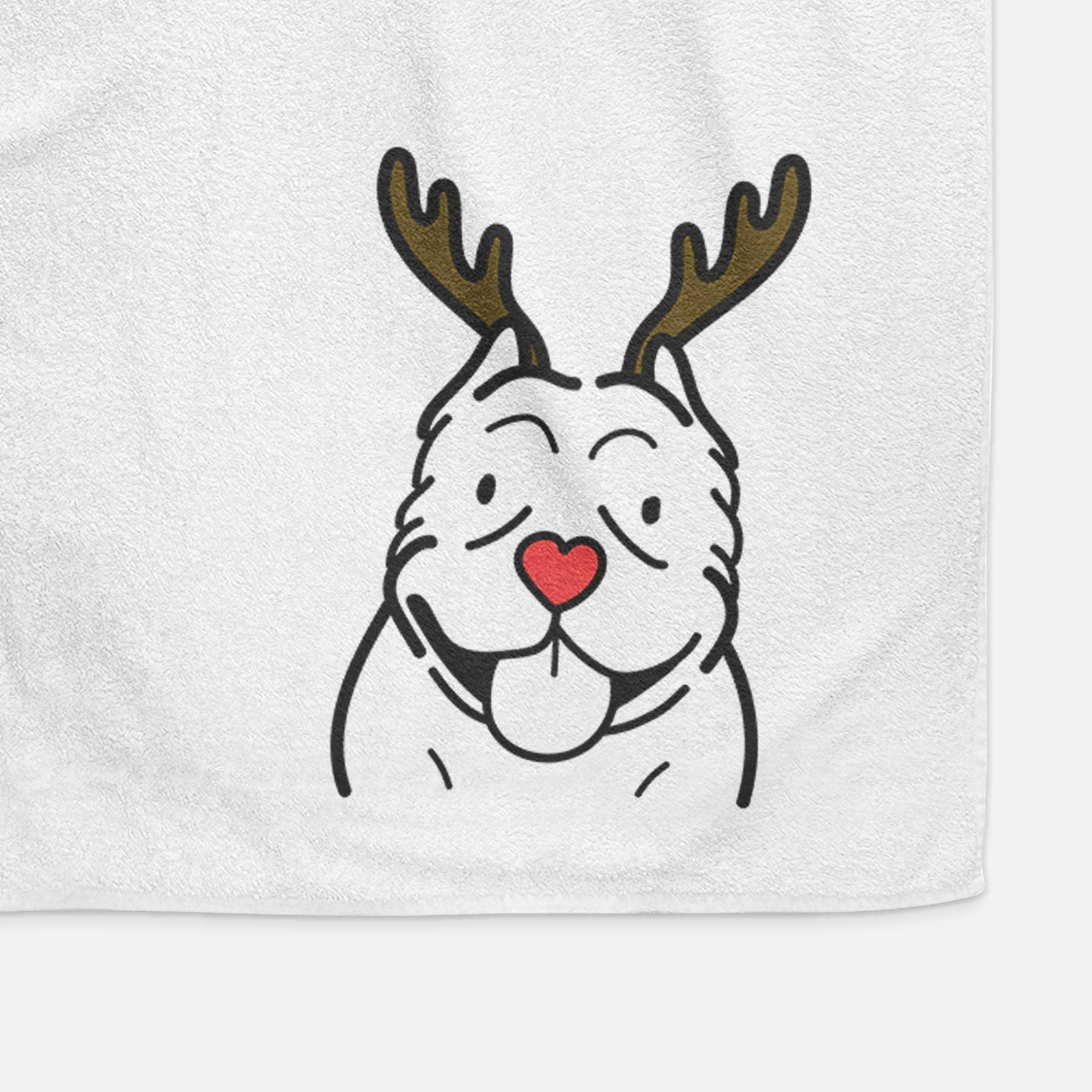 Minimalist line drawing of an American Bully with reindeer antlers and a red nose on a decorative hand towel