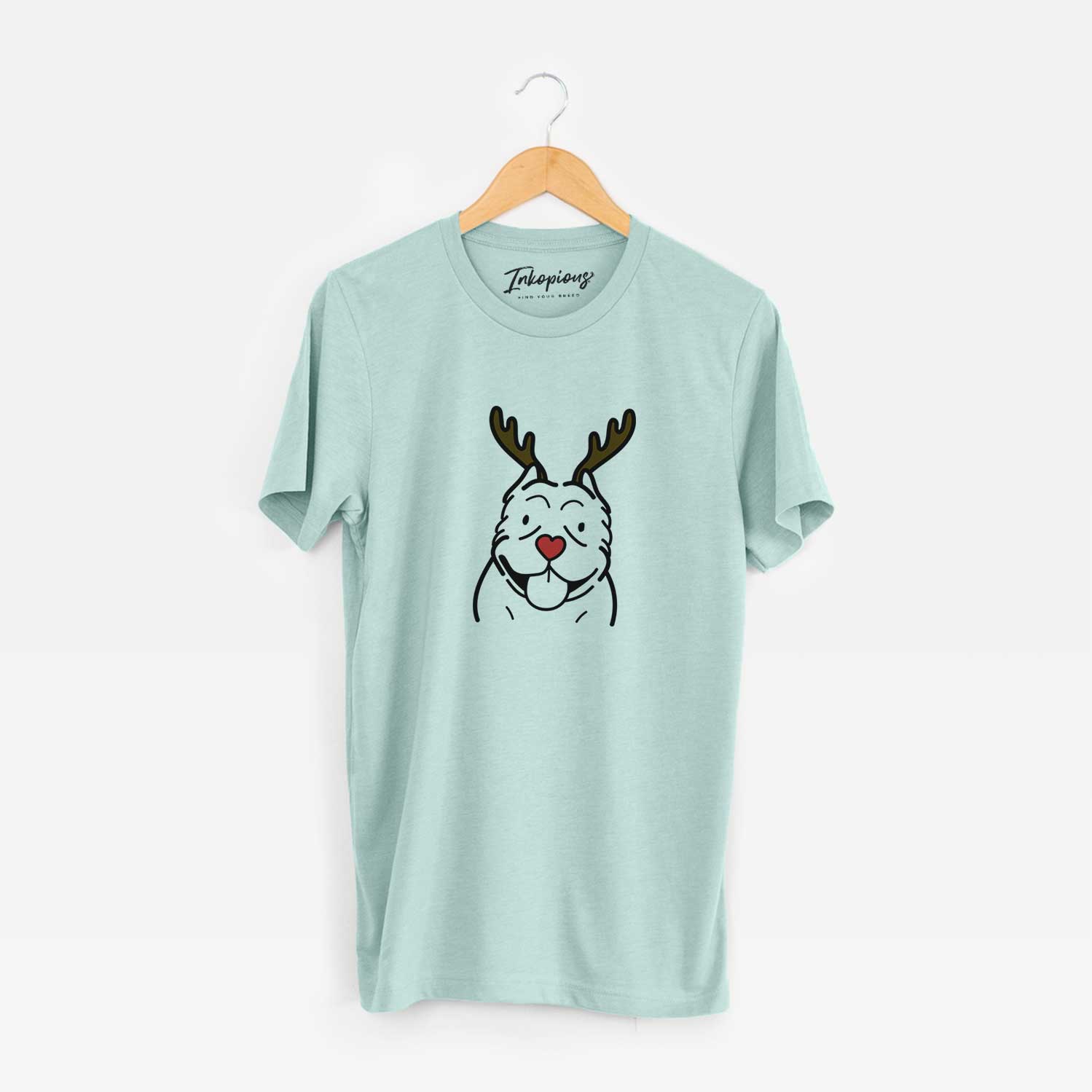 Minimalist line drawing of an American Bully with reindeer antlers and a red nose on a Heather Sage Unisex crewneck