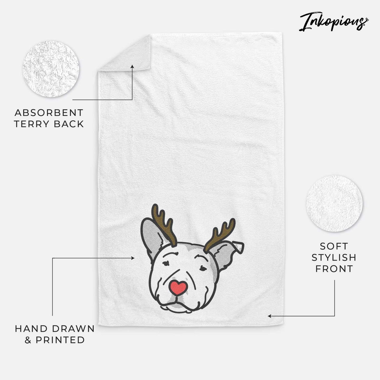 Minimalist line drawing of Archer the Pitbull with reindeer antlers and a red nose on a decorative hand towel