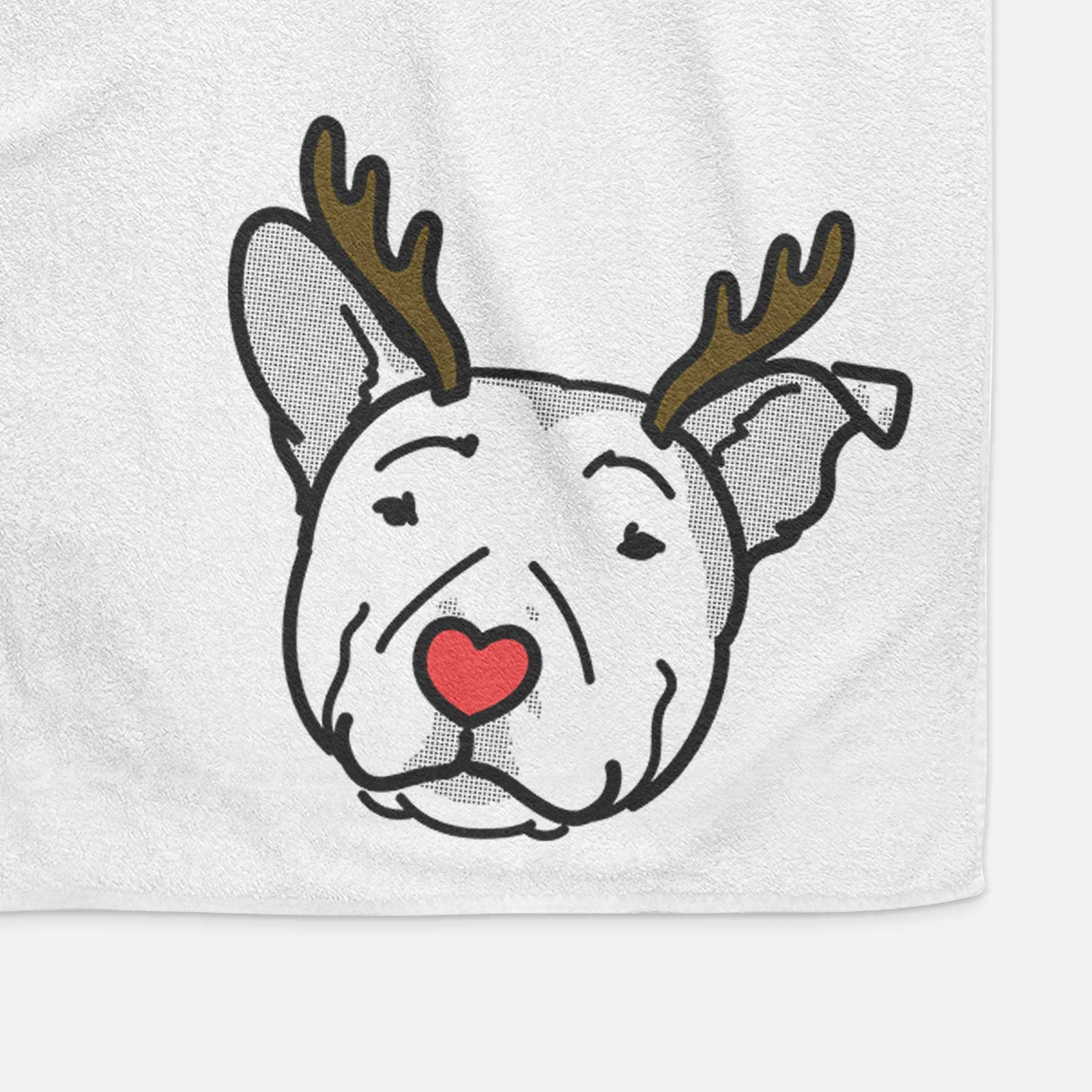 Minimalist line drawing of Archer the Pitbull with reindeer antlers and a red nose on a decorative hand towel