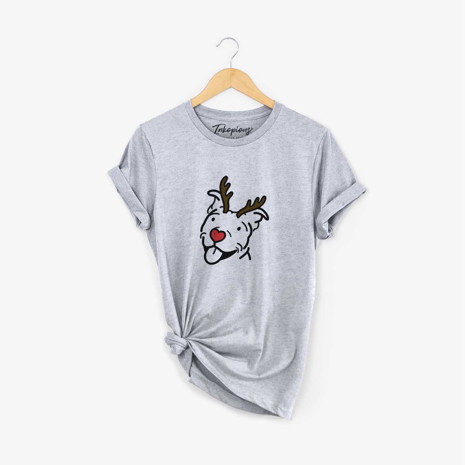 Minimalist line drawing of Arlo the Pitbull with reindeer antlers and a red nose on a Grey Unisex crewneck
