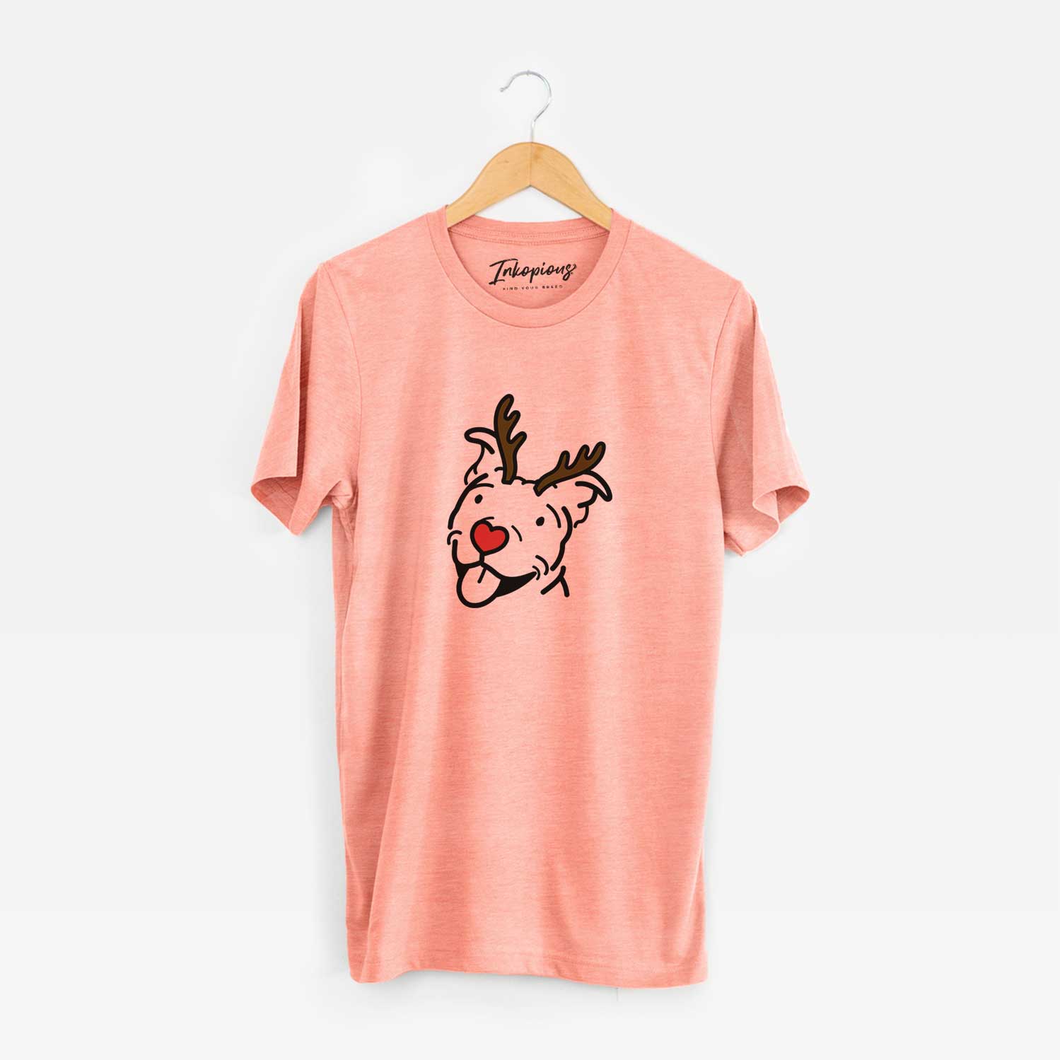 Minimalist line drawing of Arlo the Pitbull with reindeer antlers and a red nose on a Sunset Unisex crewneck