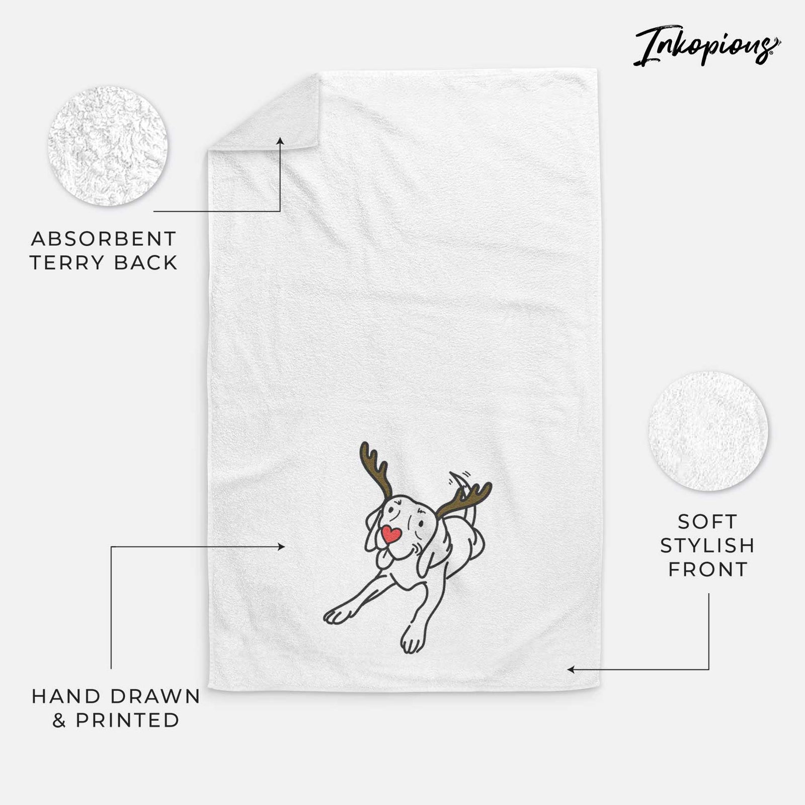 Minimalist line drawing of Bagel the Beagle with reindeer antlers and a red nose on a decorative hand towel