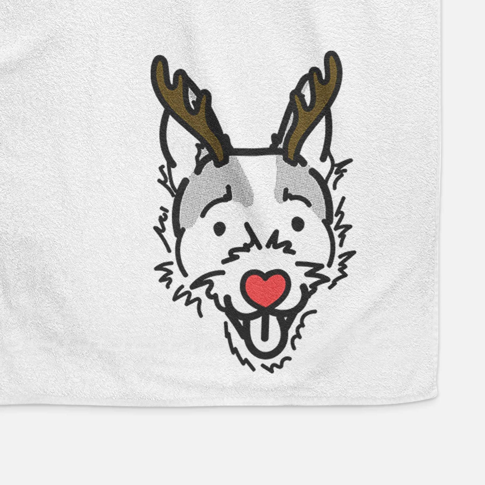 Minimalist line drawing of Baxter the Jack Russell Terrier with reindeer antlers and a red nose on a decorative hand towel