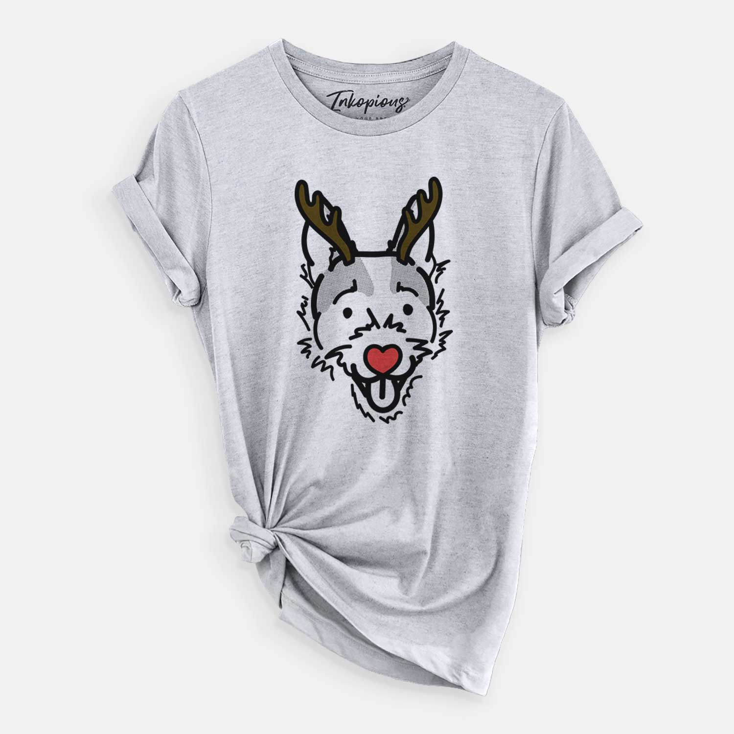 Minimalist line drawing of Baxter the Jack Russell Terrier with reindeer antlers and a red nose on a Grey Unisex crewneck