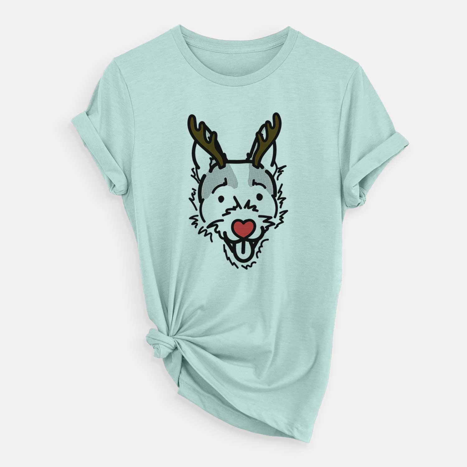 Minimalist line drawing of Baxter the Jack Russell Terrier with reindeer antlers and a red nose on a Heather Sage Unisex crewneck