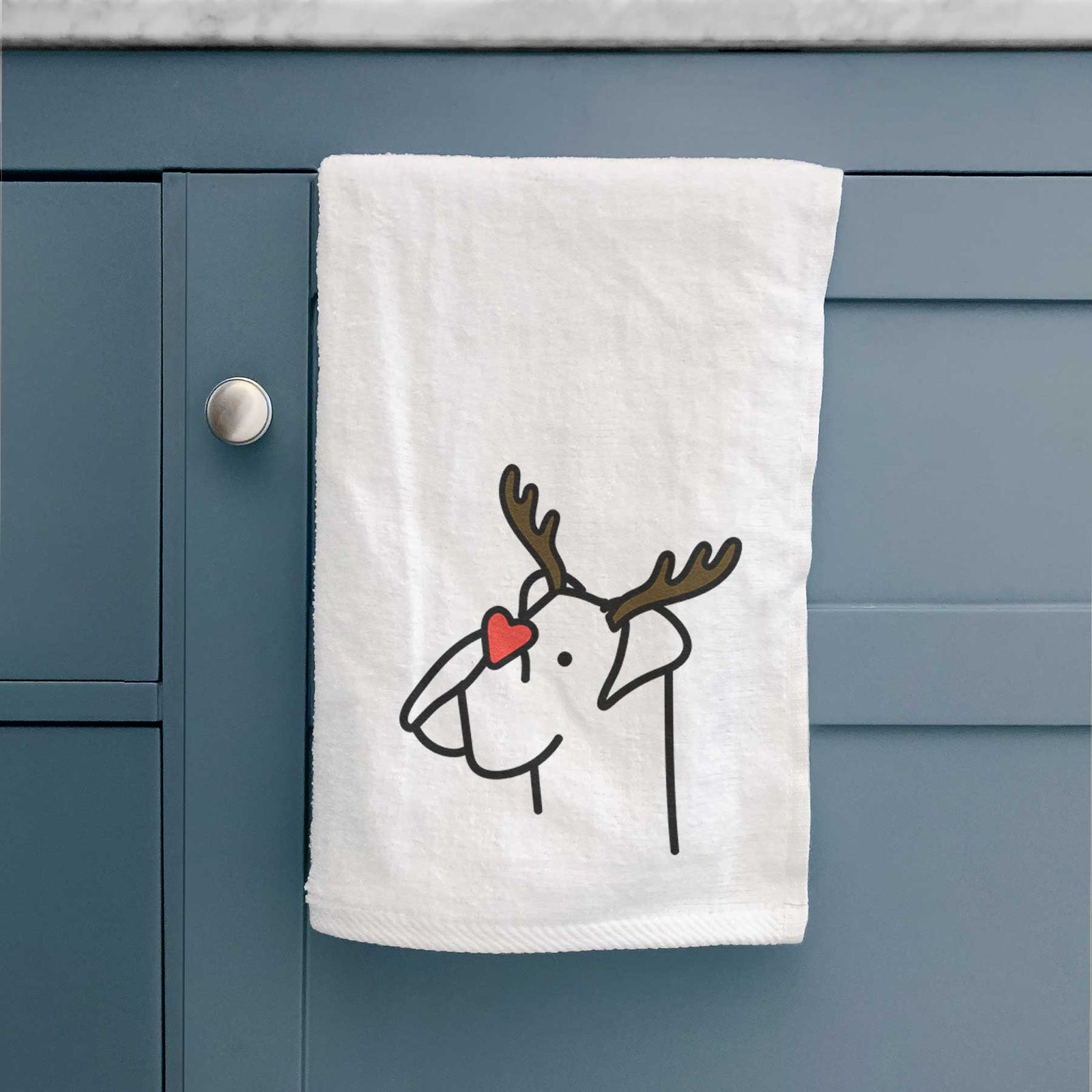 Minimalist line drawing of a Boxer with reindeer antlers and a red nose on a decorative hand towel
