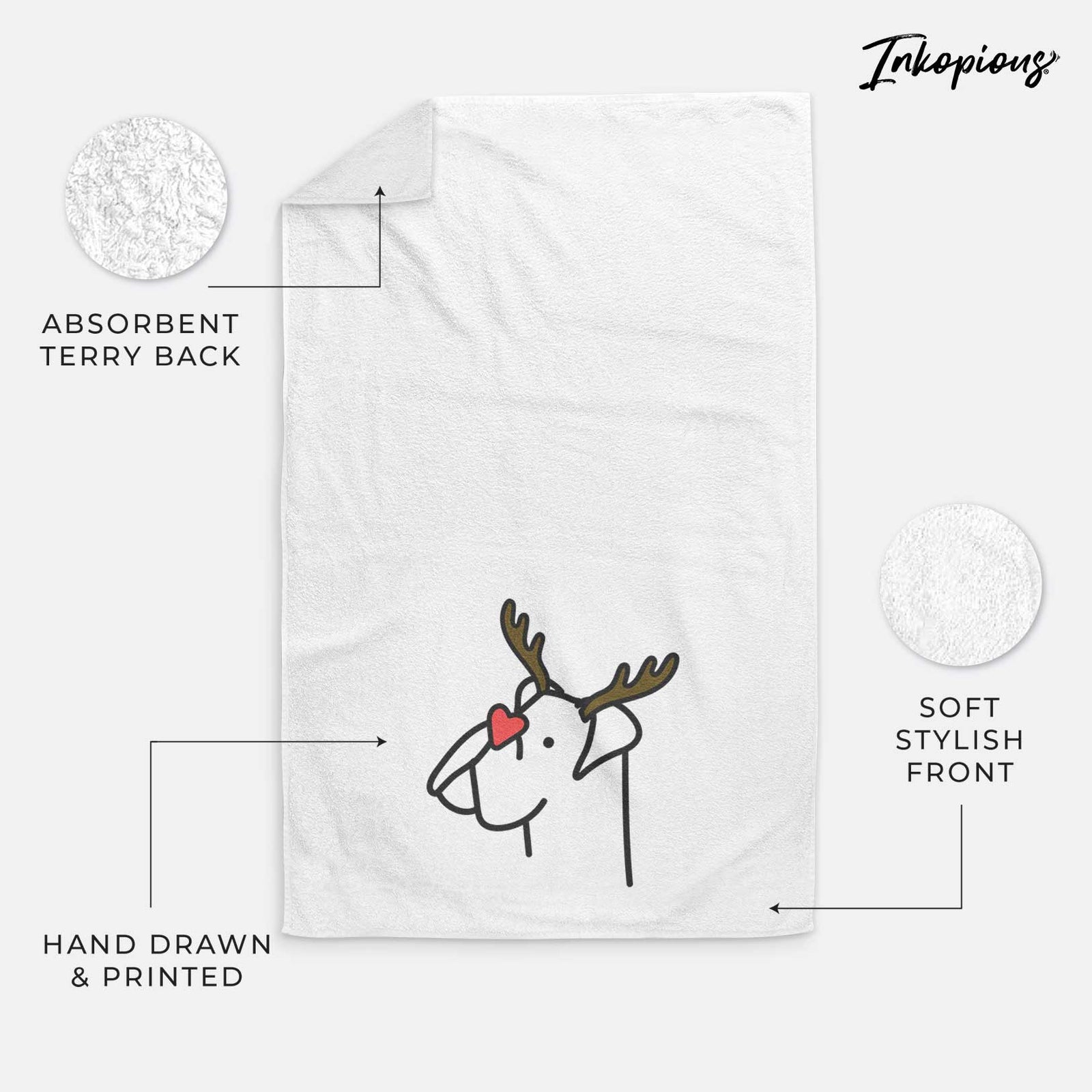 Minimalist line drawing of a Boxer with reindeer antlers and a red nose on a decorative hand towel