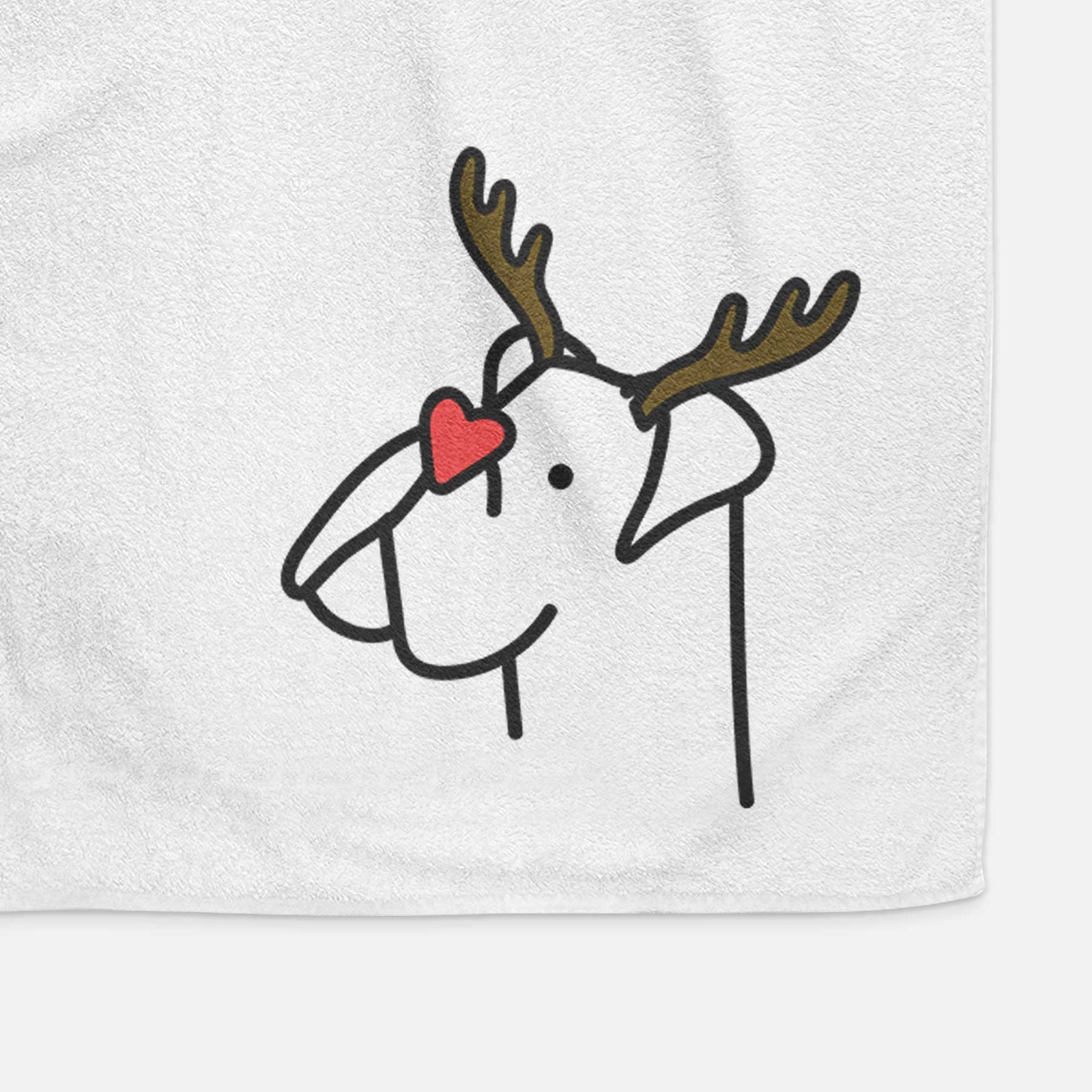 Minimalist line drawing of a Boxer with reindeer antlers and a red nose on a decorative hand towel