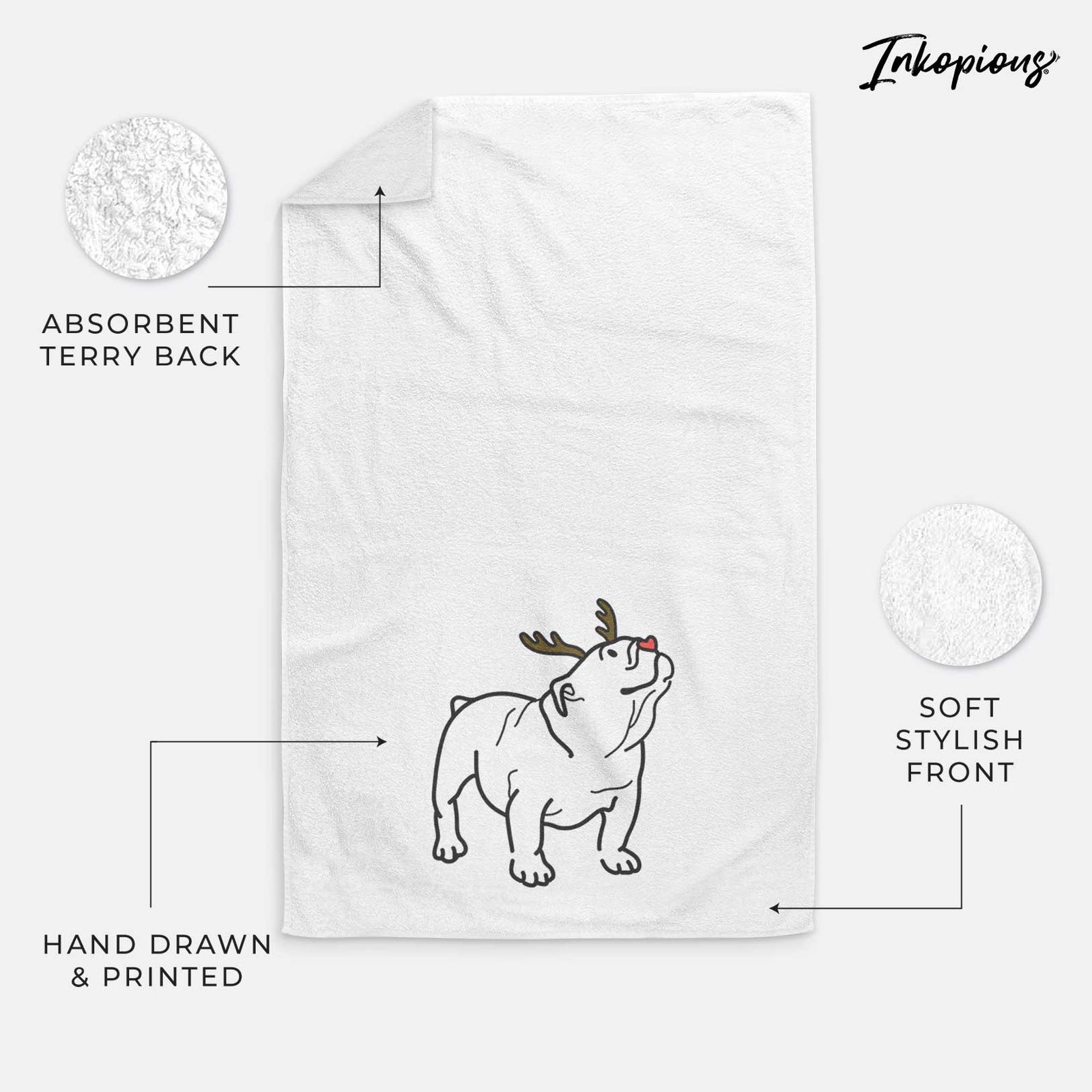 Minimalist line drawing of Bruno the English Bulldog with reindeer antlers and a red nose on a decorative hand towel