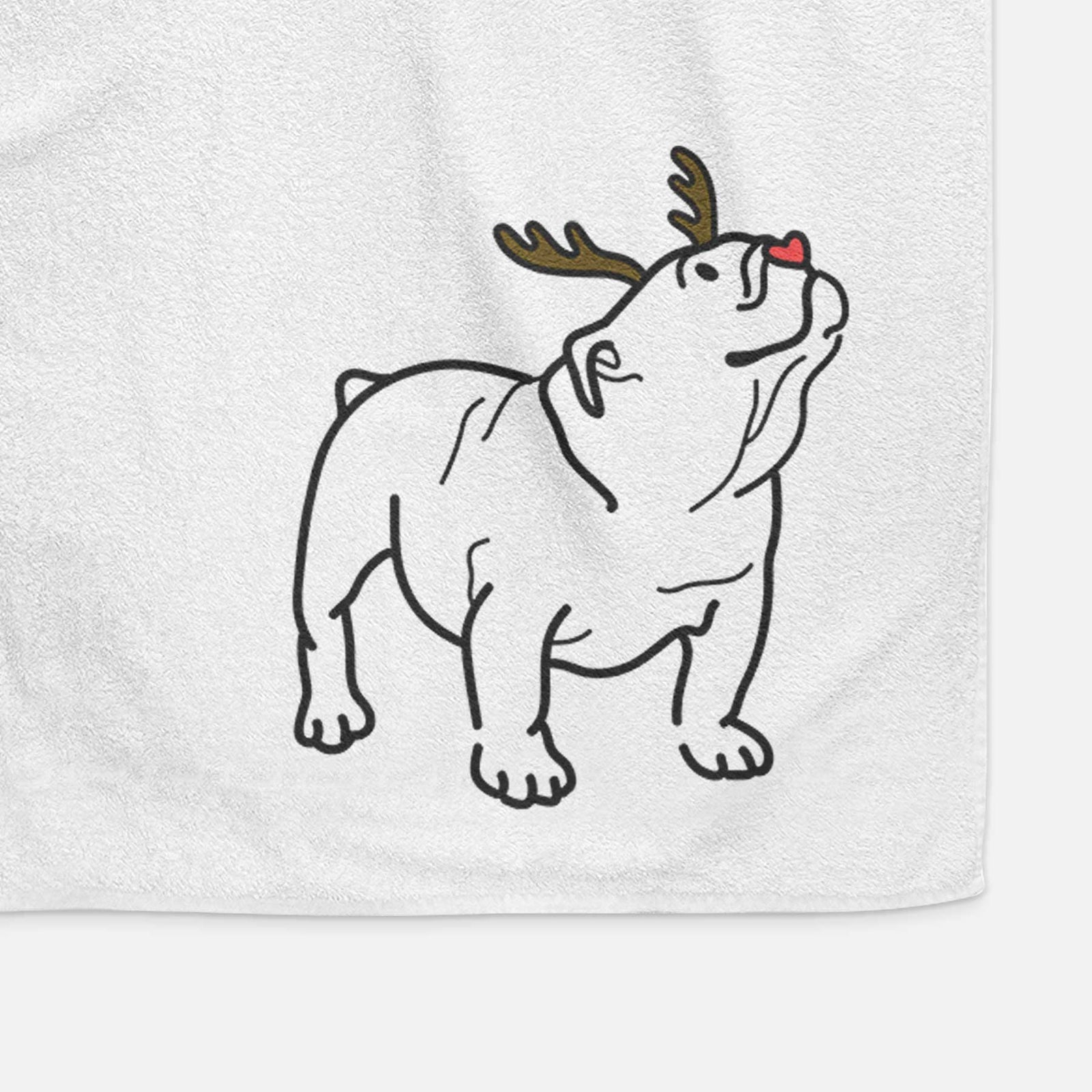 Minimalist line drawing of Bruno the English Bulldog with reindeer antlers and a red nose on a decorative hand towel