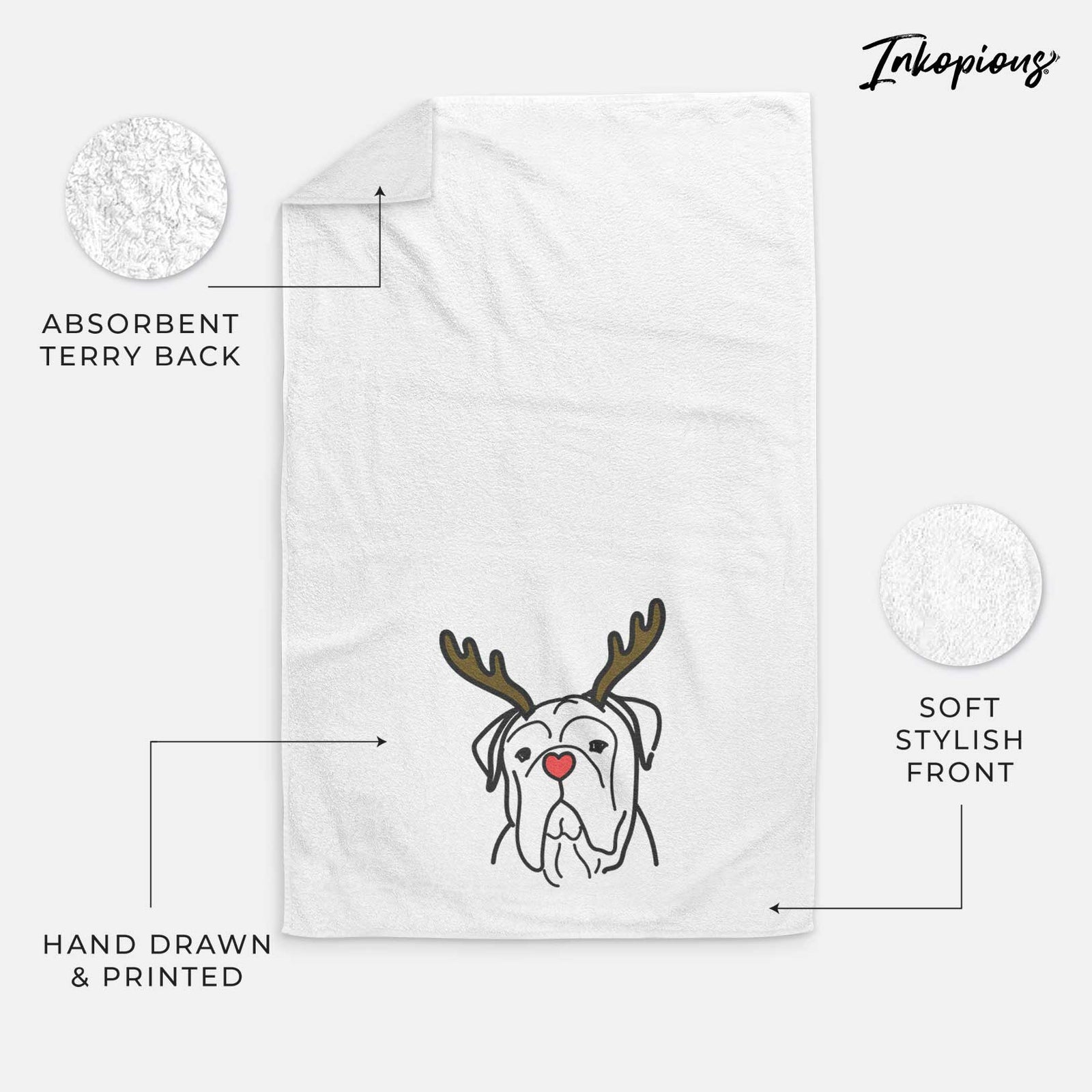 Minimalist line drawing of Vivian the Bull Mastiff with reindeer antlers and a red nose on a decorative hand towel