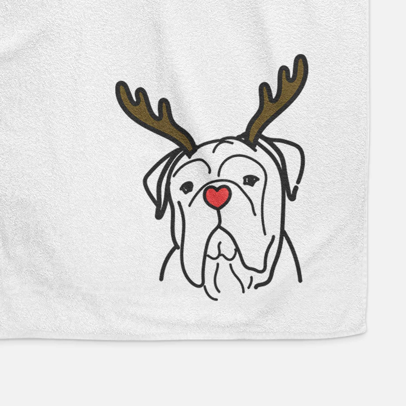 Minimalist line drawing of Vivian the Bull Mastiff with reindeer antlers and a red nose on a decorative hand towel