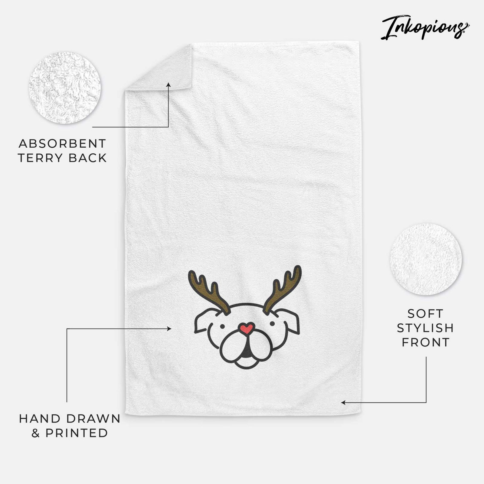 Minimalist line drawing of an English Bulldog with reindeer antlers and a red nose on a decorative hand towel