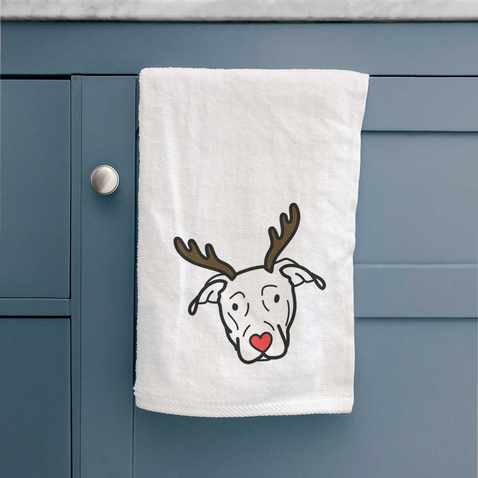 Minimalist line drawing of a Catahoula with reindeer antlers and a red nose on a decorative hand towel