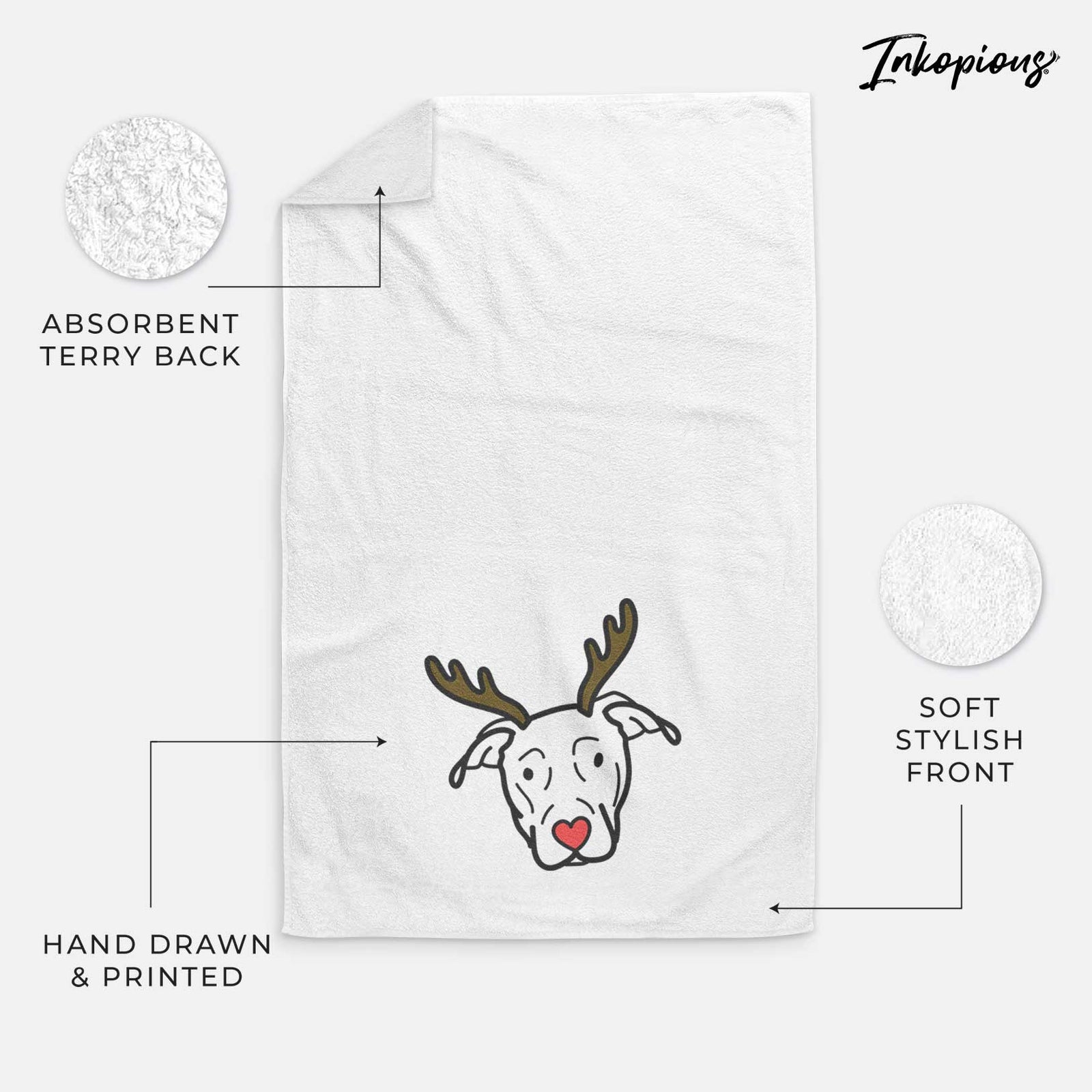 Minimalist line drawing of a Catahoula with reindeer antlers and a red nose on a decorative hand towel