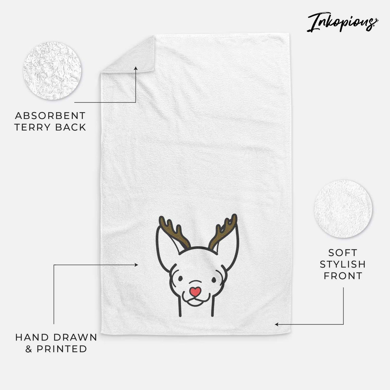 Minimalist line drawing of a Chihuahua with reindeer antlers and a red nose on a decorative hand towel