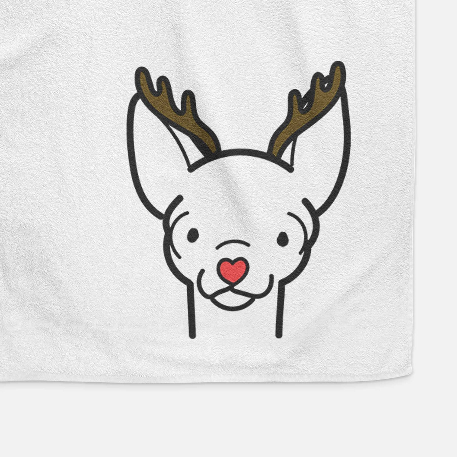 Minimalist line drawing of a Chihuahua with reindeer antlers and a red nose on a decorative hand towel