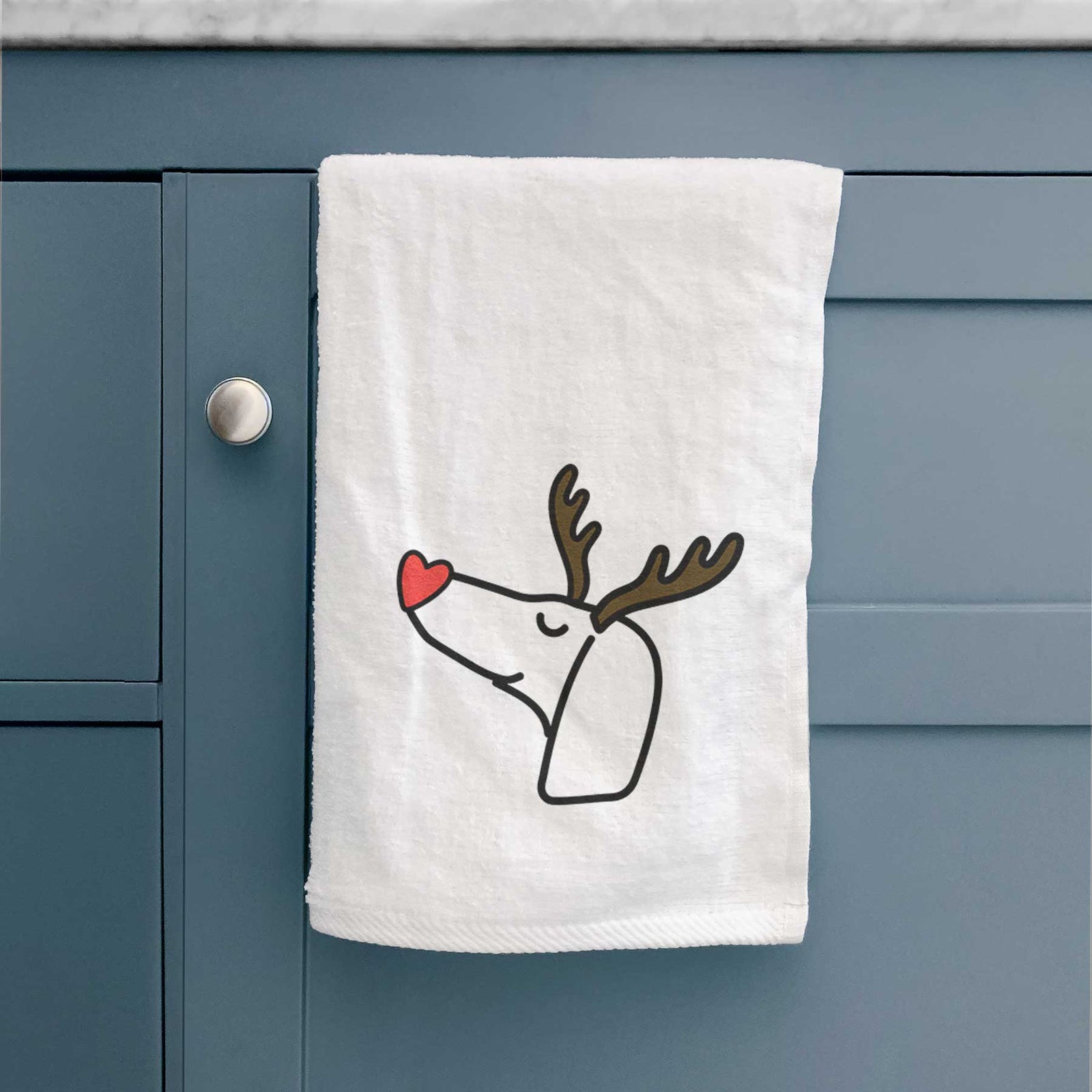 Minimalist line drawing of a Dachshund with reindeer antlers and a red nose on a decorative hand towel