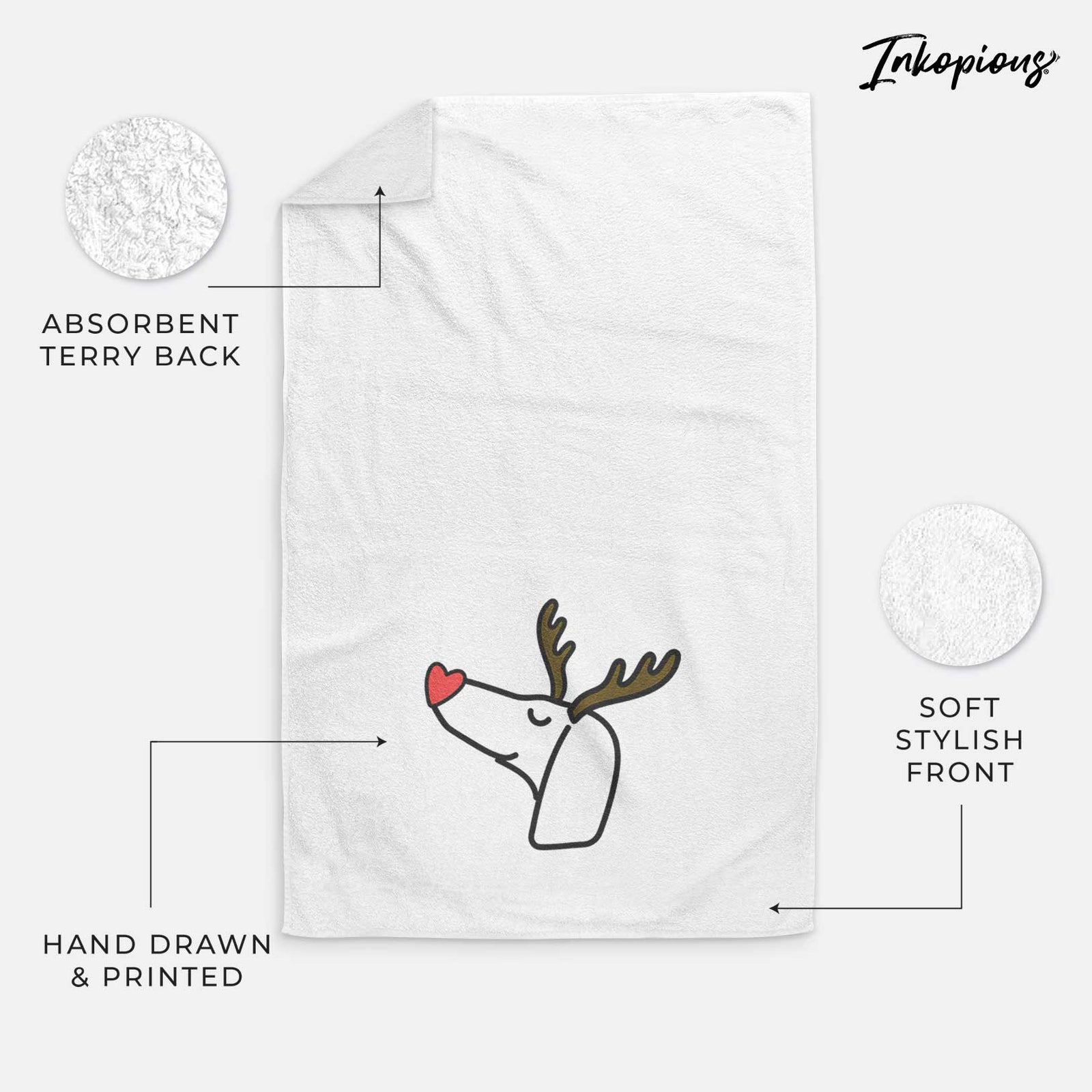 Minimalist line drawing of a Dachshund with reindeer antlers and a red nose on a decorative hand towel