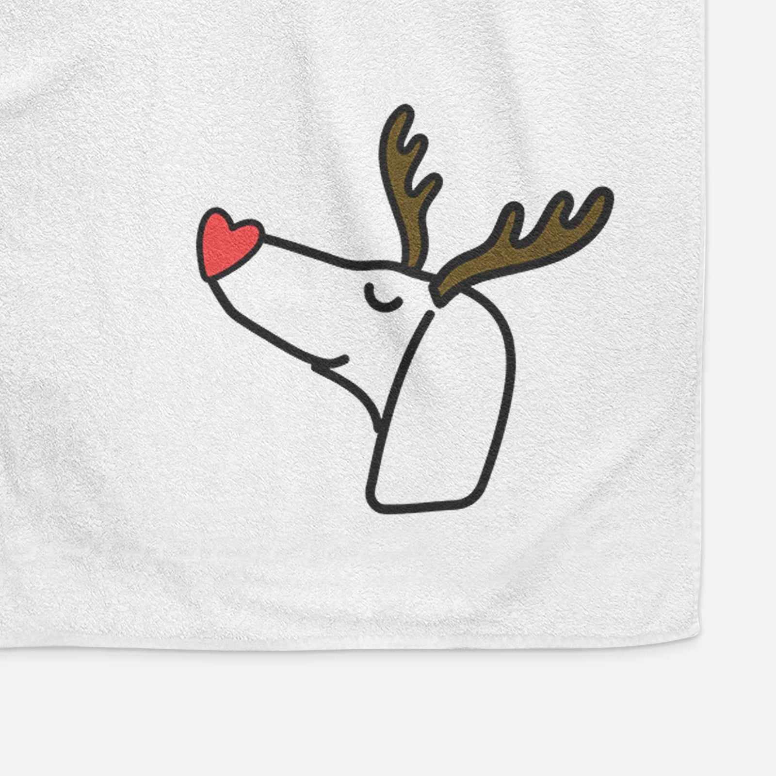 Minimalist line drawing of a Dachshund with reindeer antlers and a red nose on a decorative hand towel