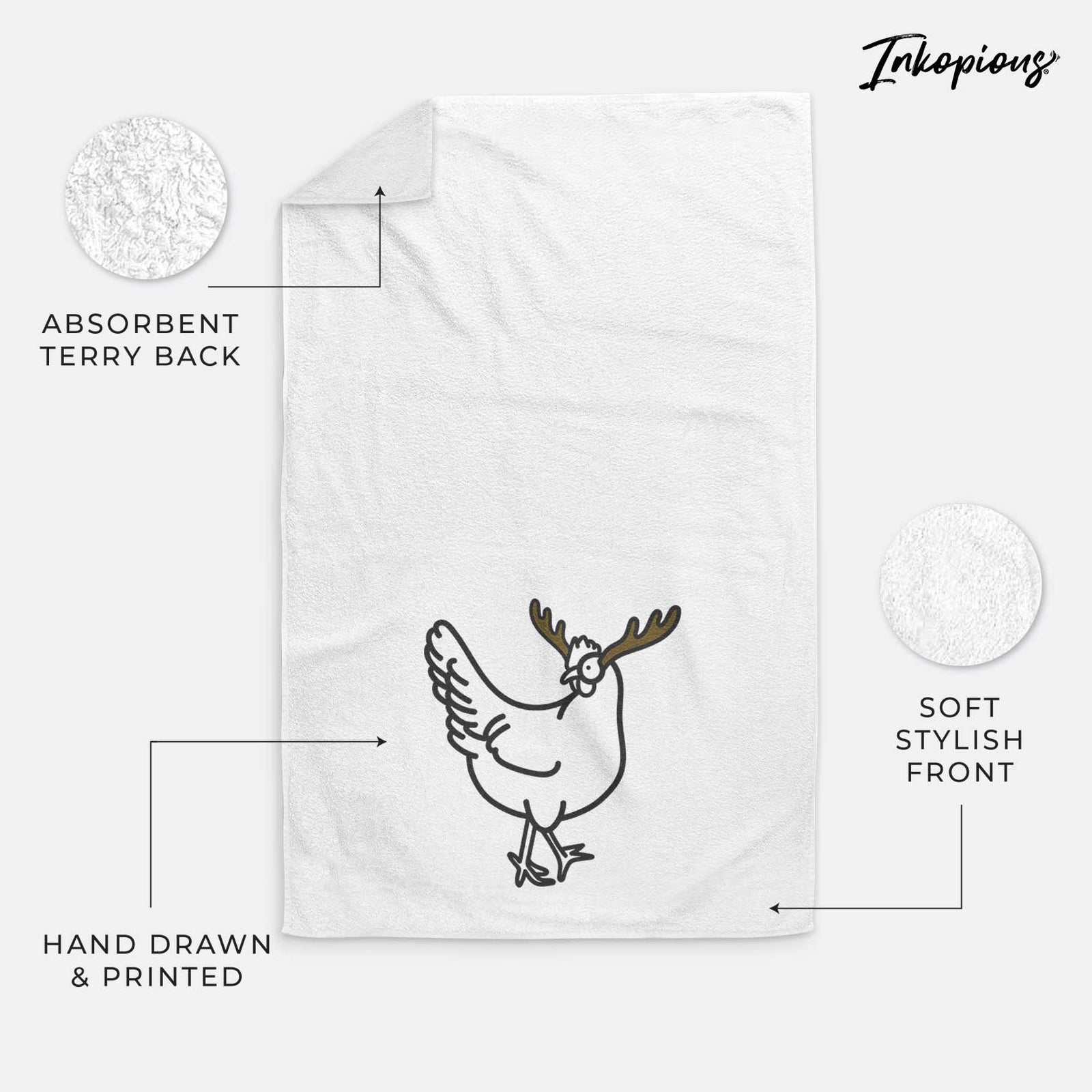 Minimalist line drawing of Daisy the Chicken with reindeer antlers and a red nose on a decorative hand towel