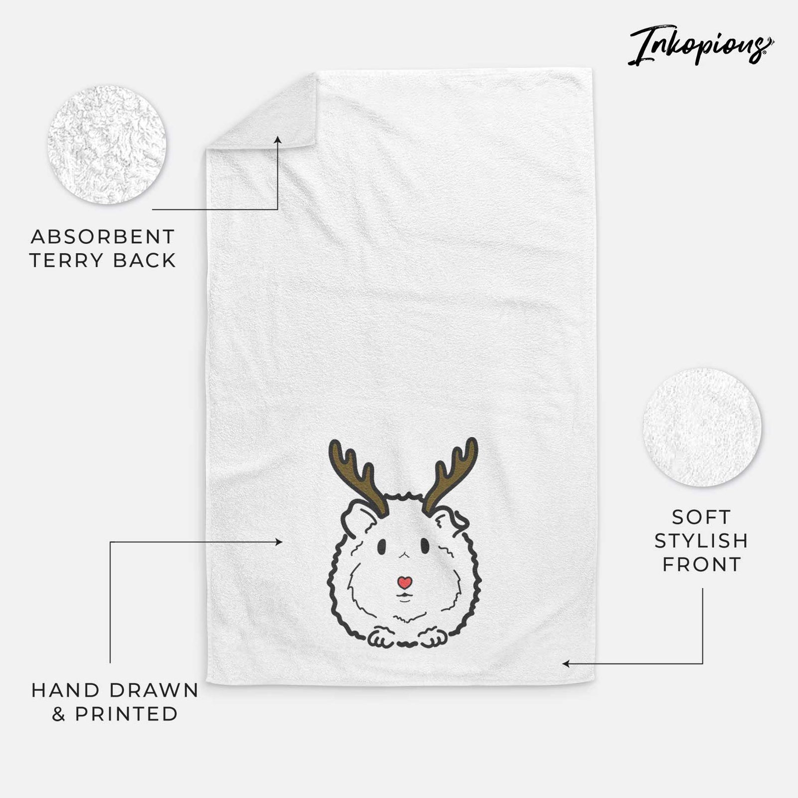 Minimalist line drawing of Duke the Guinea Pig with reindeer antlers and a red nose on a decorative hand towel