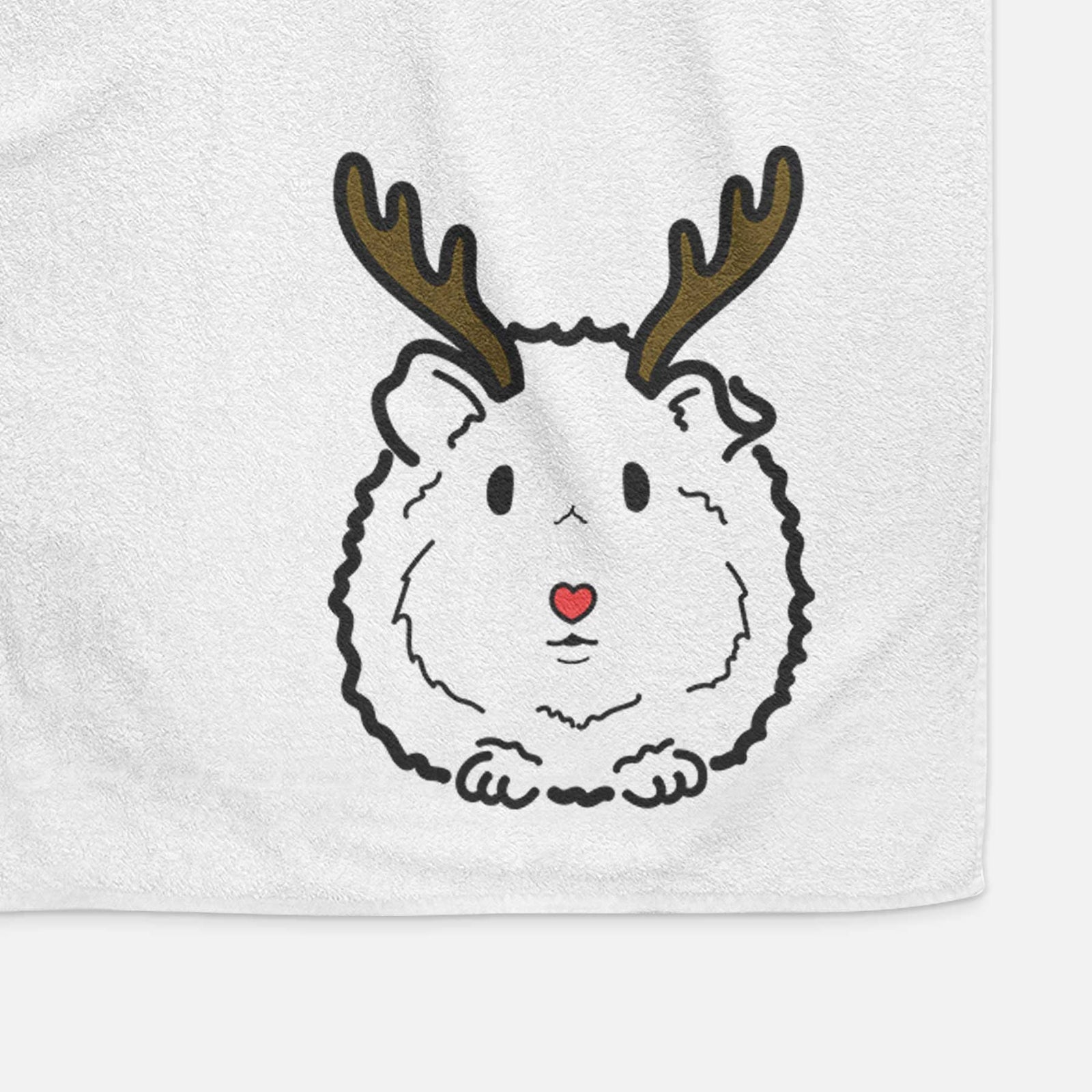 Minimalist line drawing of Duke the Guinea Pig with reindeer antlers and a red nose on a decorative hand towel
