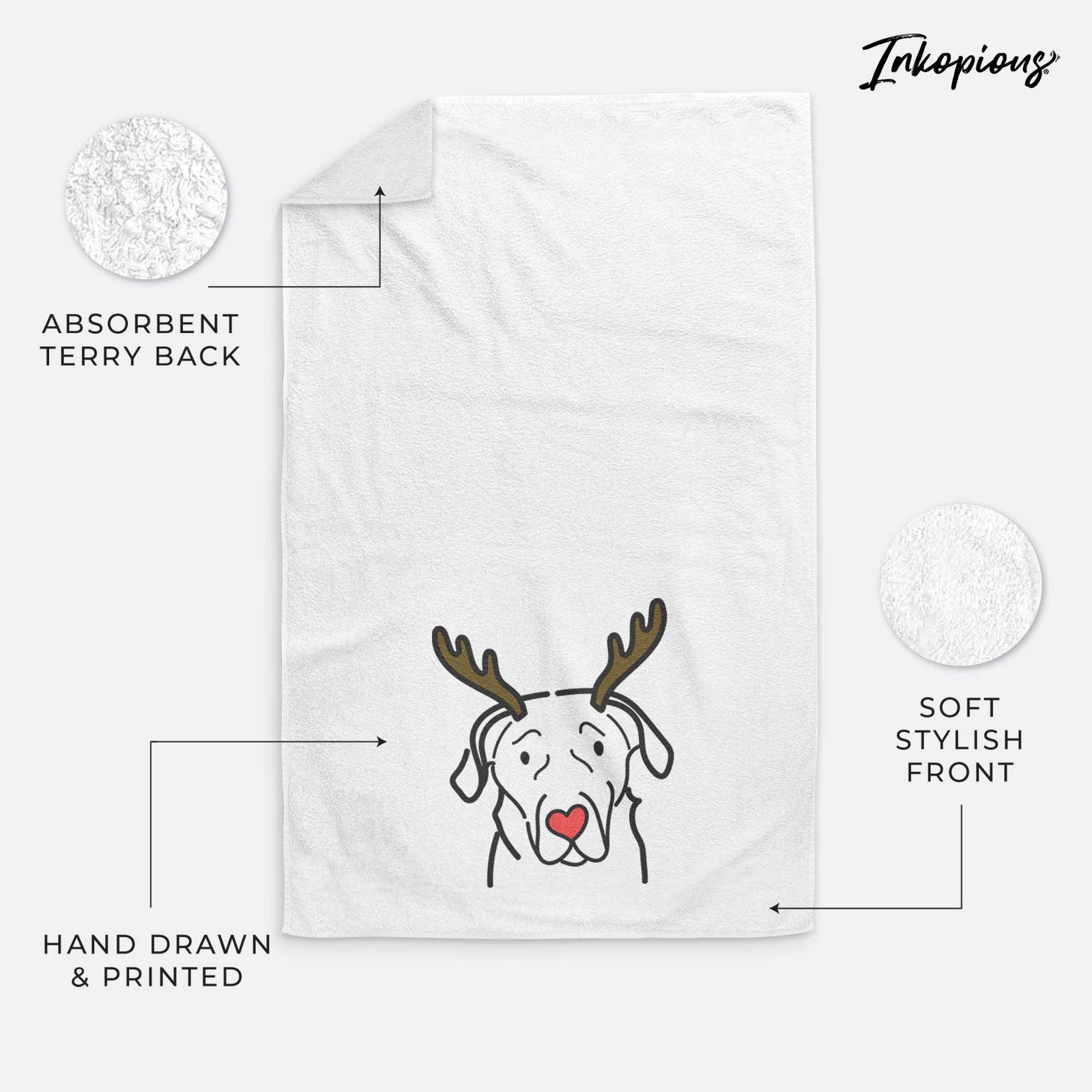 Minimalist line drawing of an English Labrador with reindeer antlers and a red nose on a decorative hand towel