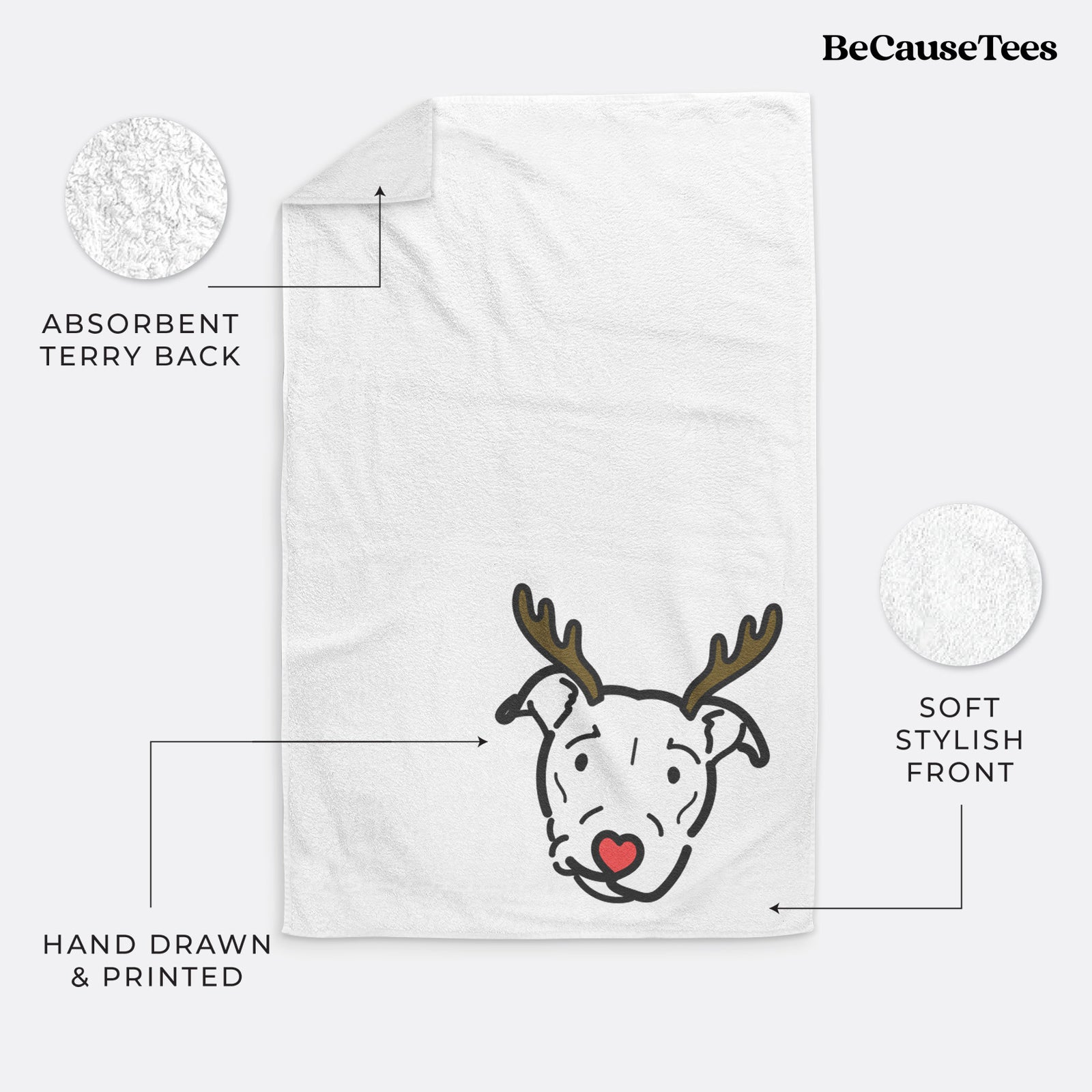 Minimalist line drawing of Ernie the Pitbull Mix with reindeer antlers and a red nose on a decorative hand towel