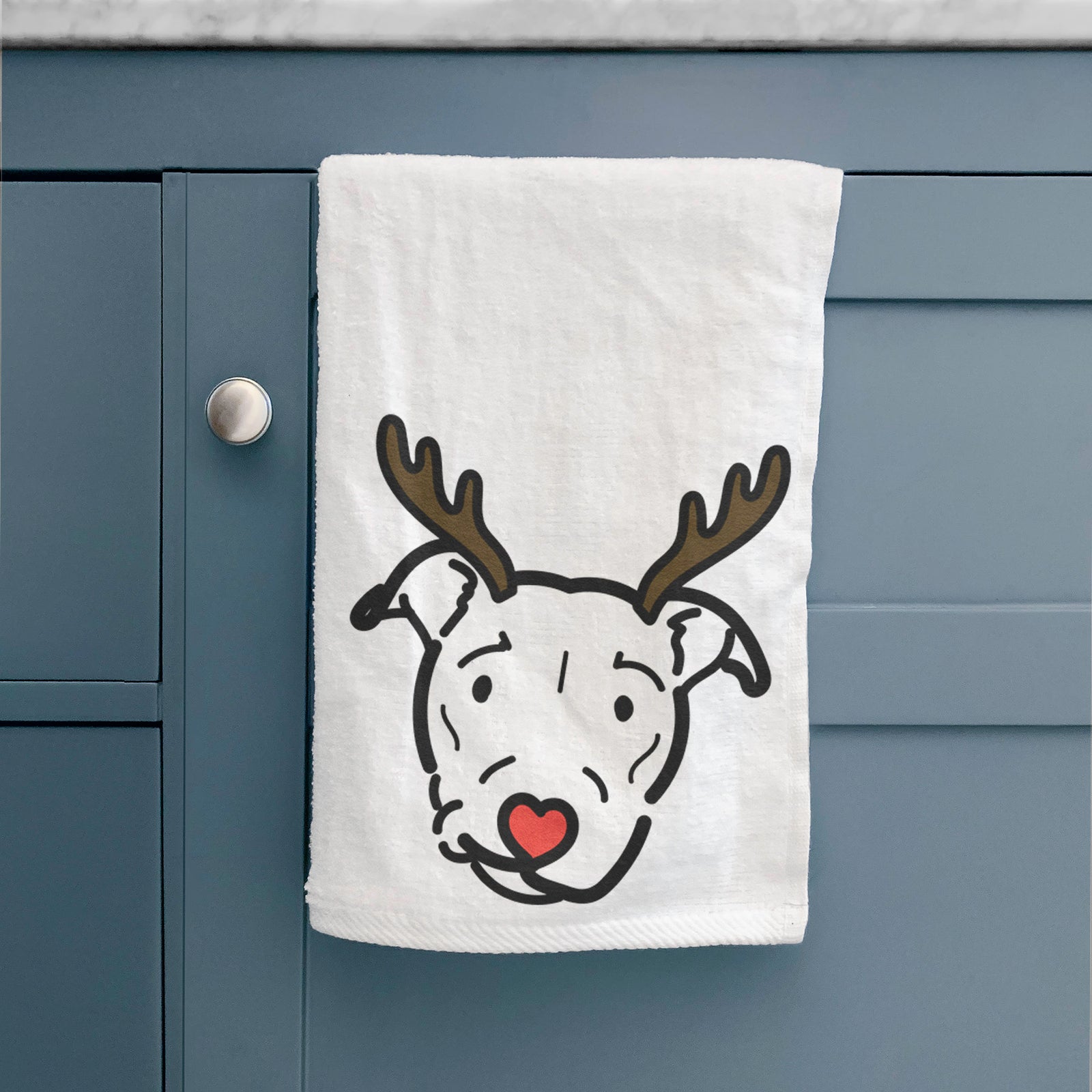 Minimalist line drawing of Ernie the Pitbull Mix with reindeer antlers and a red nose on a decorative hand towel