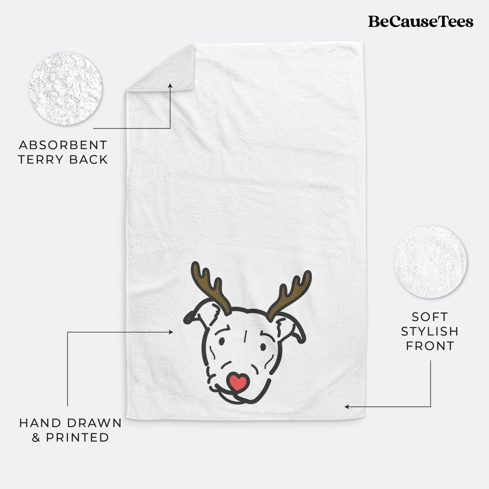 Minimalist line drawing of Ernie the Pitbull Mix with reindeer antlers and a red nose on a decorative hand towel