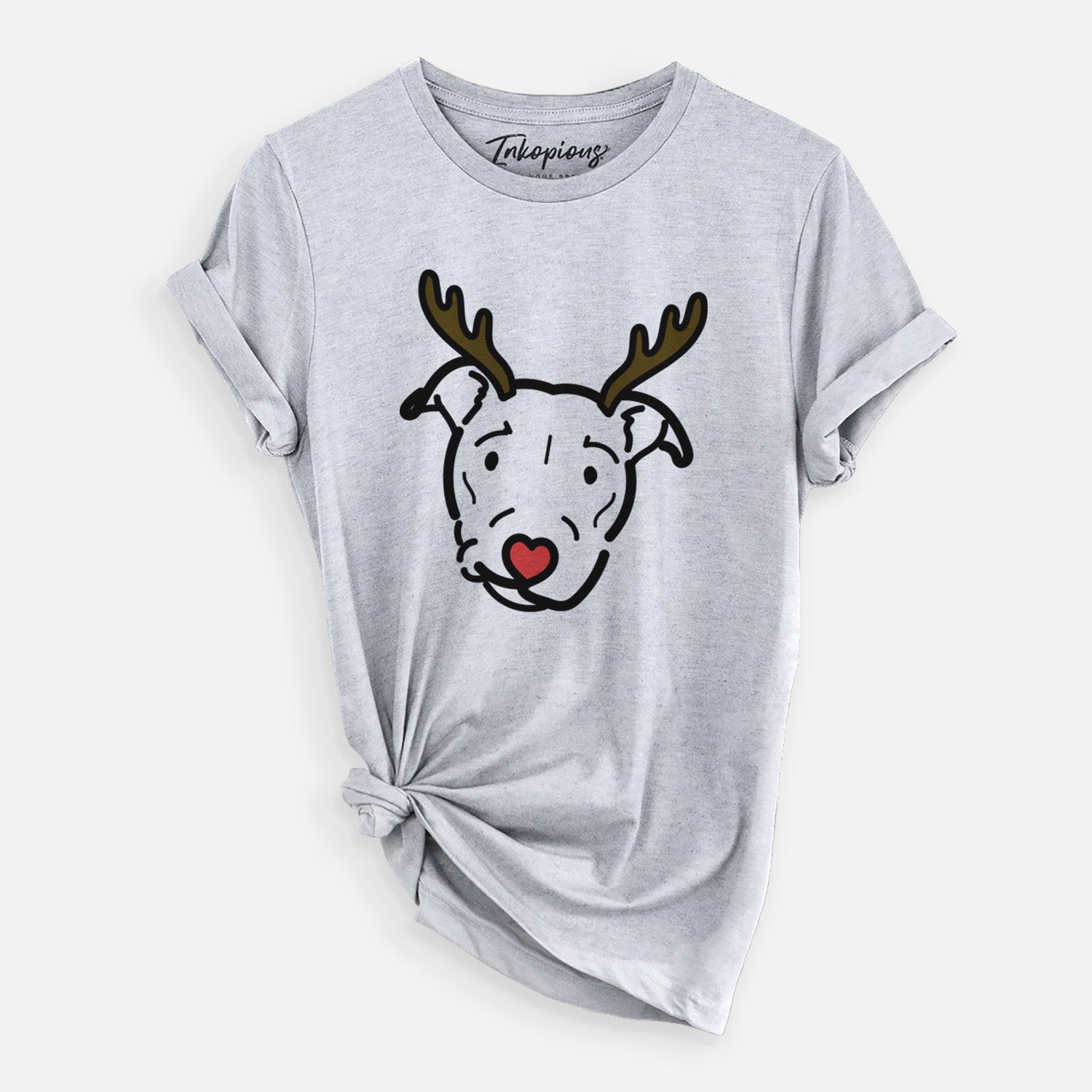 Minimalist line drawing of Ernie the Pitbull Mix with reindeer antlers and a red nose on a Grey Unisex crewneck