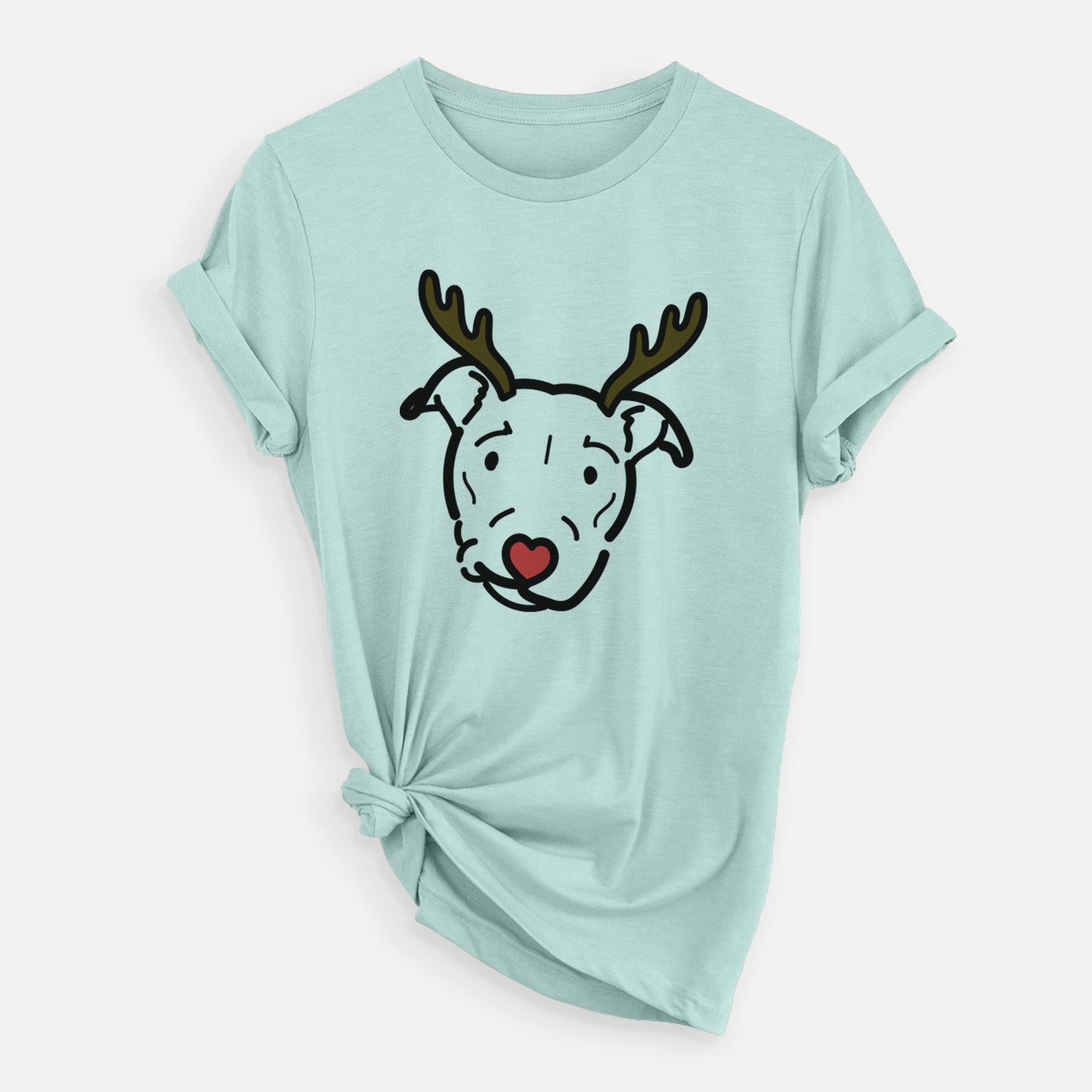 Minimalist line drawing of Ernie the Pitbull Mix with reindeer antlers and a red nose on a Heather Sage Unisex crewneck