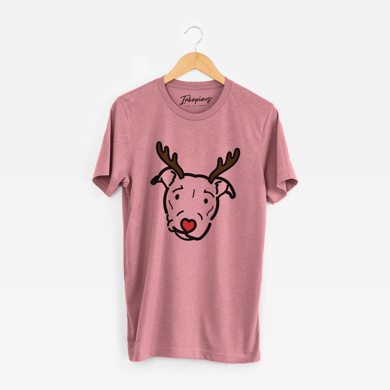 Minimalist line drawing of Ernie the Pitbull Mix with reindeer antlers and a red nose on a Mauve Unisex crewneck