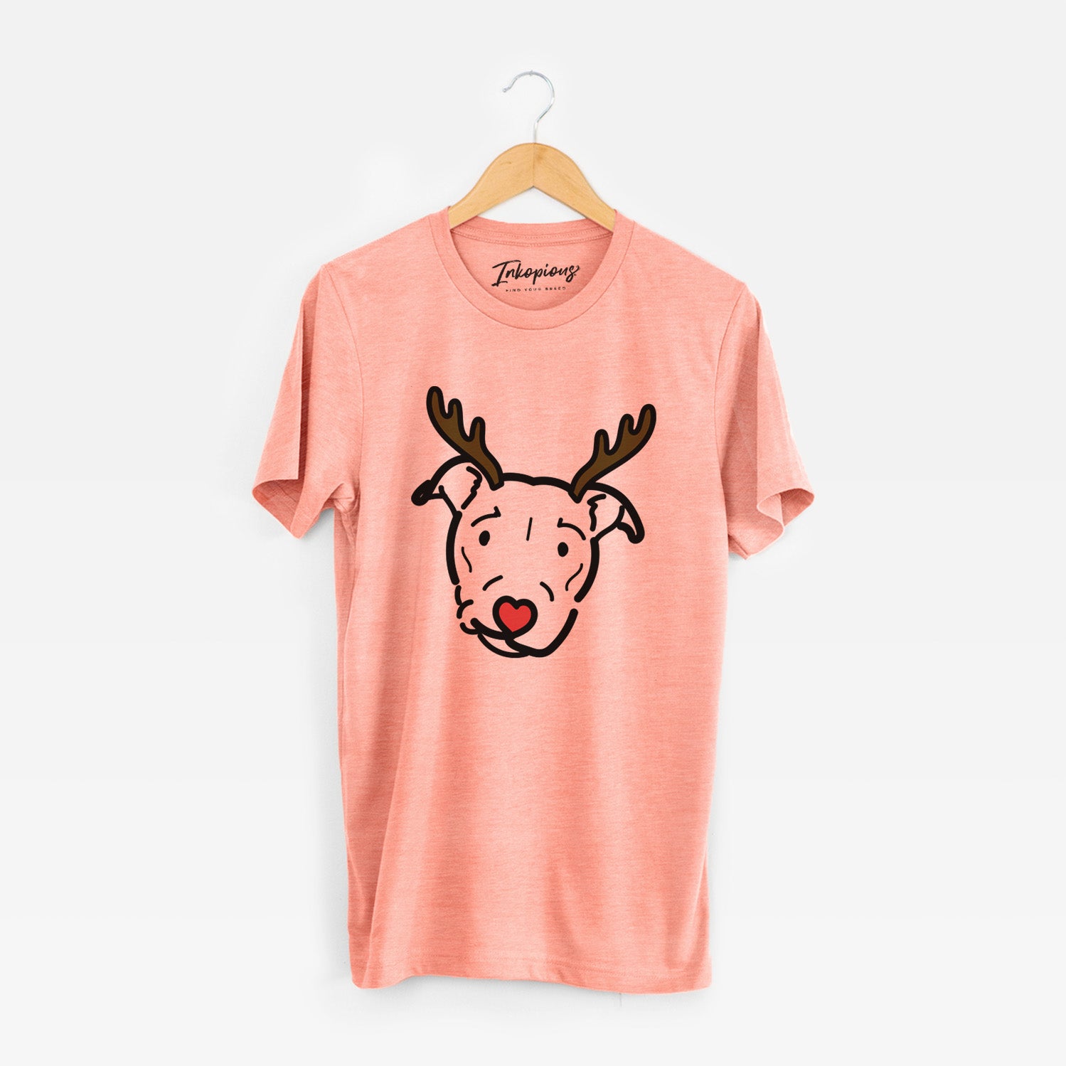 Minimalist line drawing of Ernie the Pitbull Mix with reindeer antlers and a red nose on a Sunset Unisex crewneck