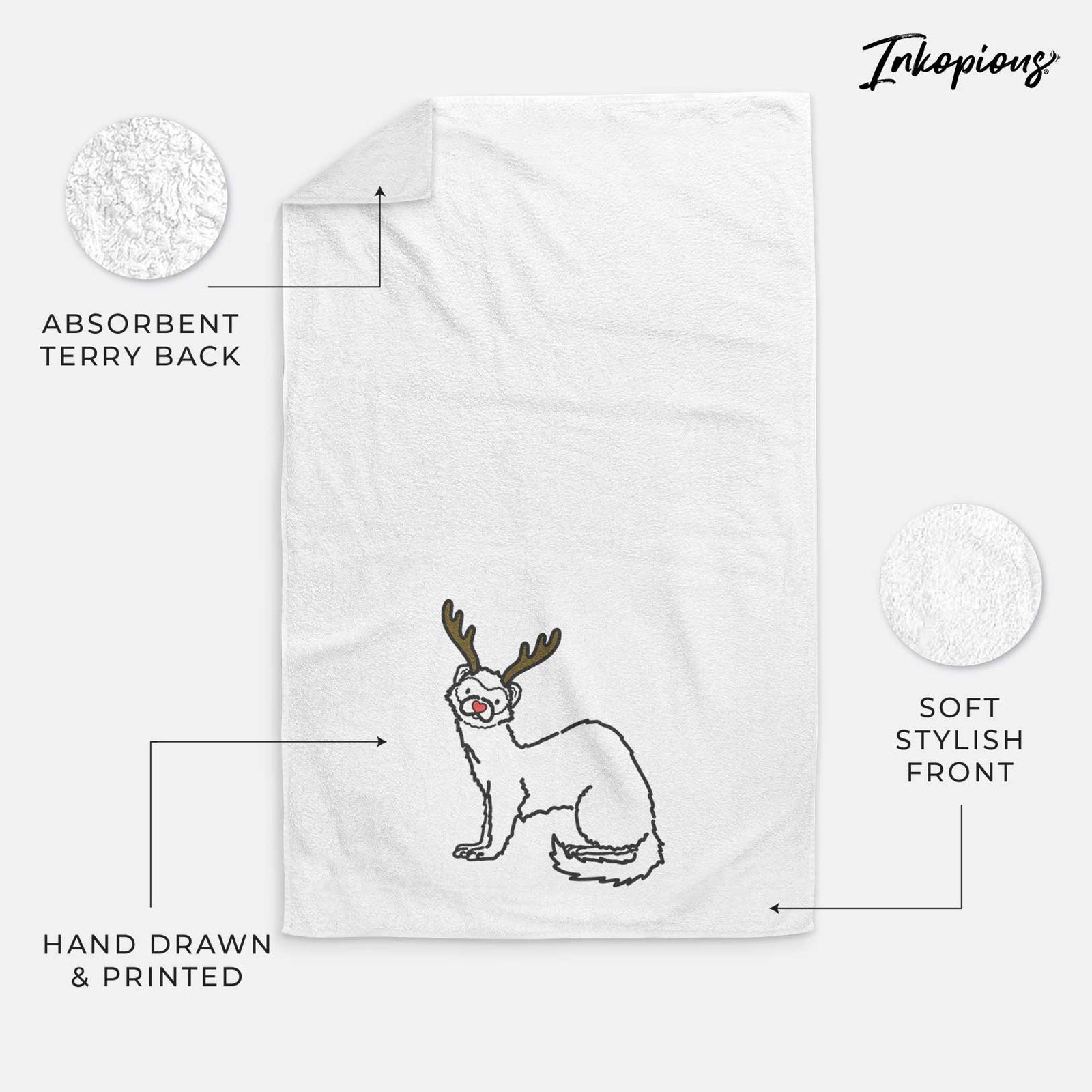 Minimalist line drawing of Fern the Ferret with reindeer antlers and a red nose on a decorative hand towel