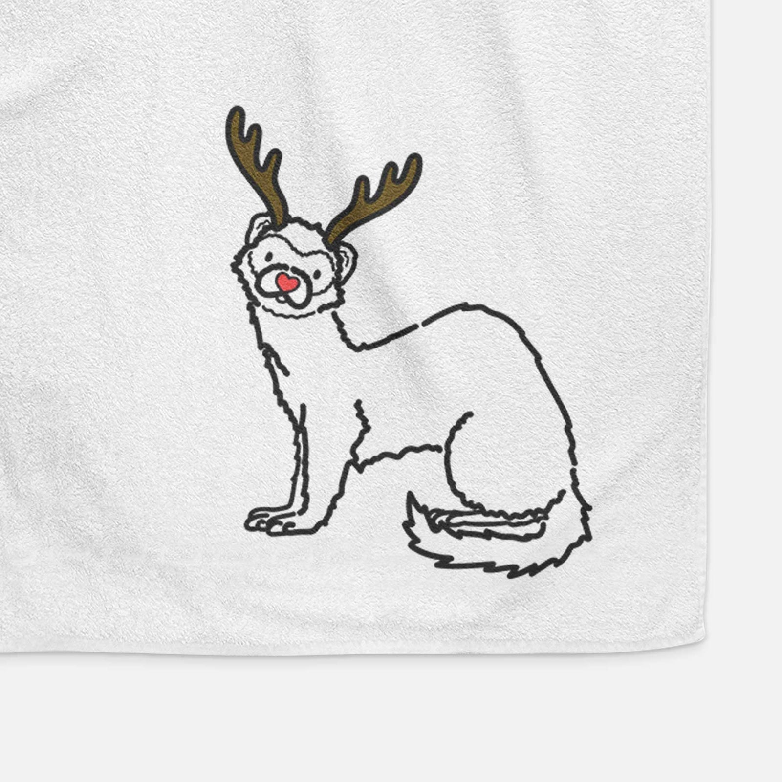Minimalist line drawing of Fern the Ferret with reindeer antlers and a red nose on a decorative hand towel