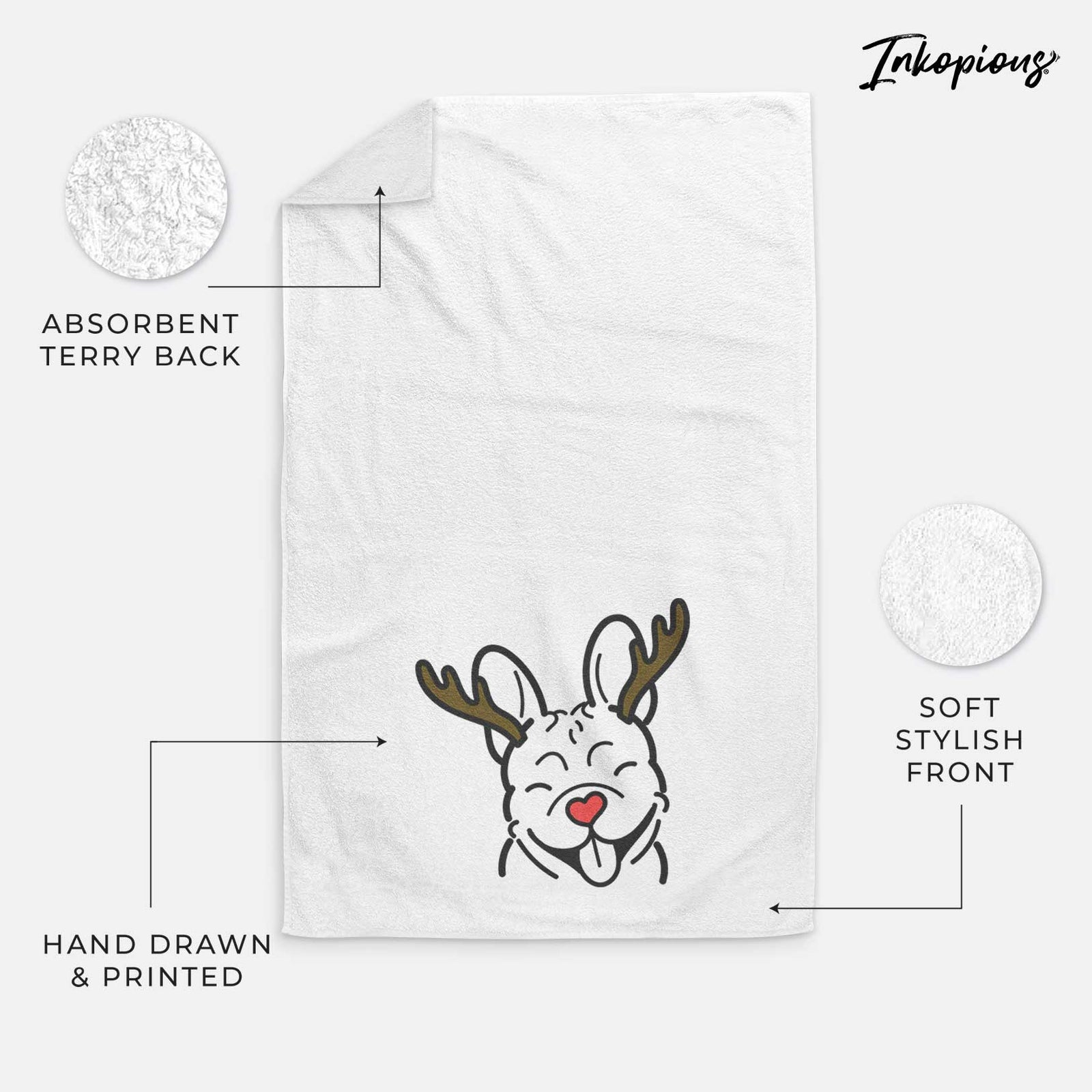 Minimalist line drawing of a French Bulldog with reindeer antlers and a red nose on a decorative hand towel