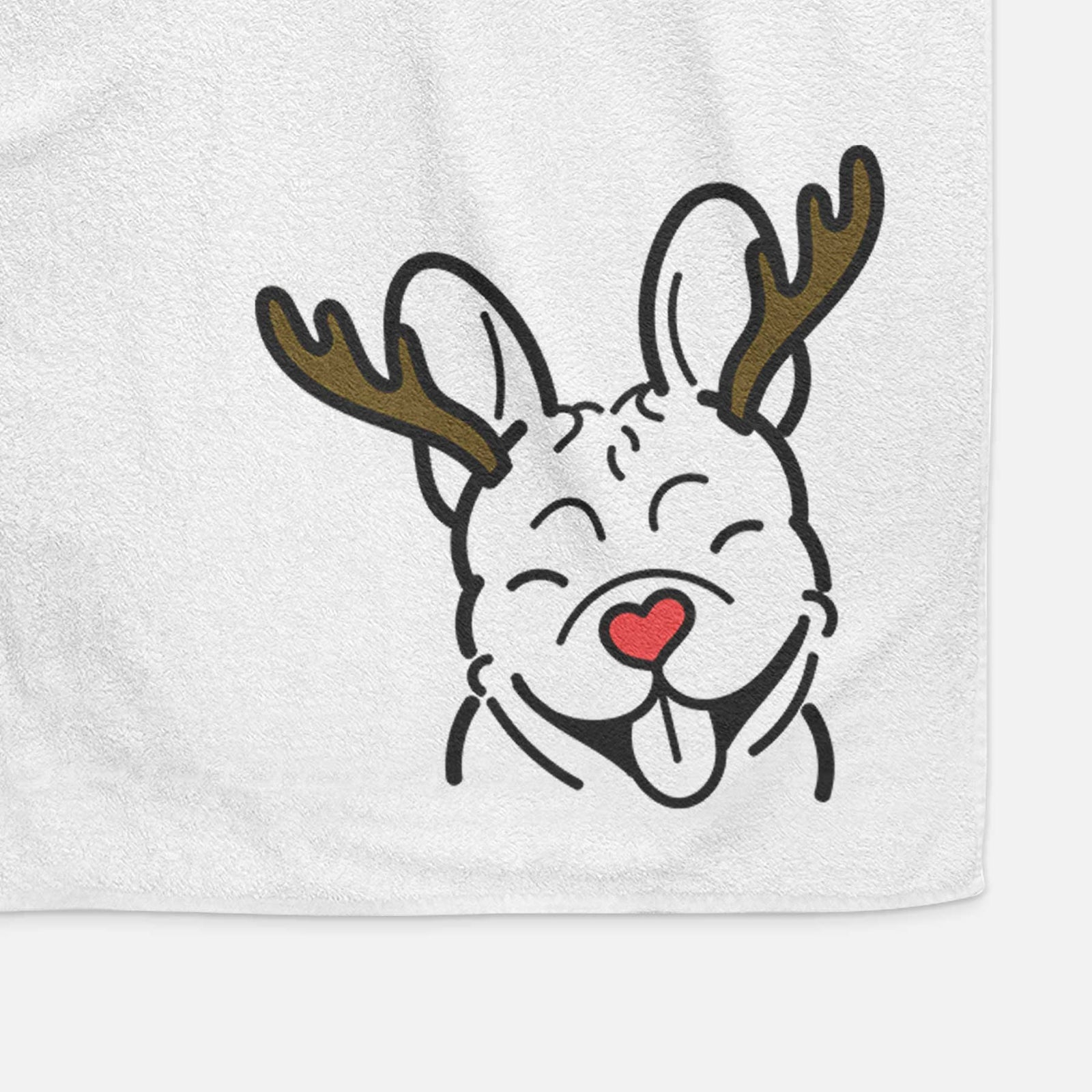 Minimalist line drawing of a French Bulldog with reindeer antlers and a red nose on a decorative hand towel
