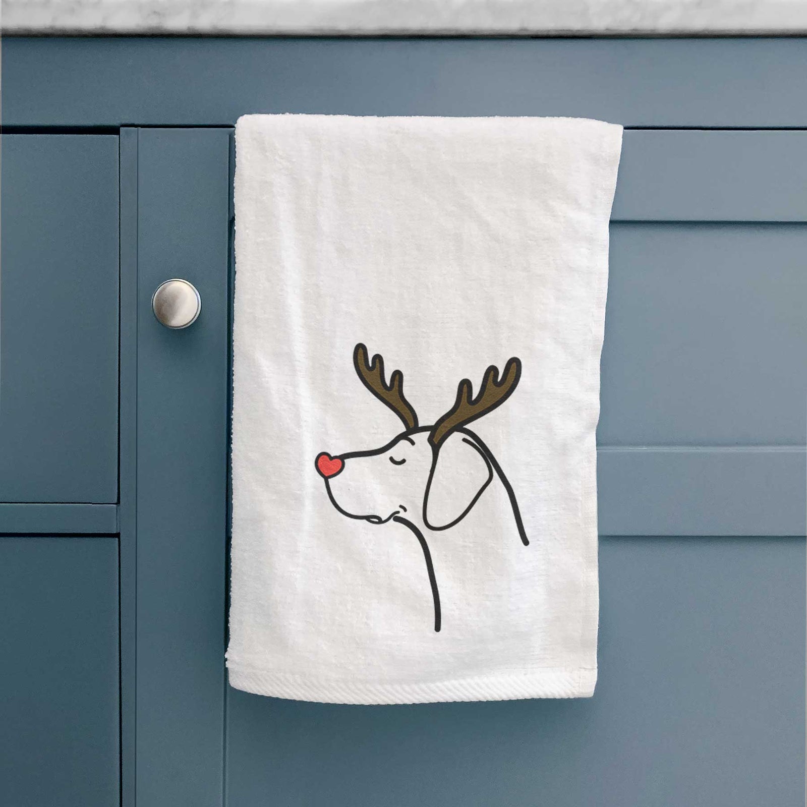 Minimalist line drawing of a German Shorthaired Pointer with reindeer antlers and a red nose on a decorative hand towel